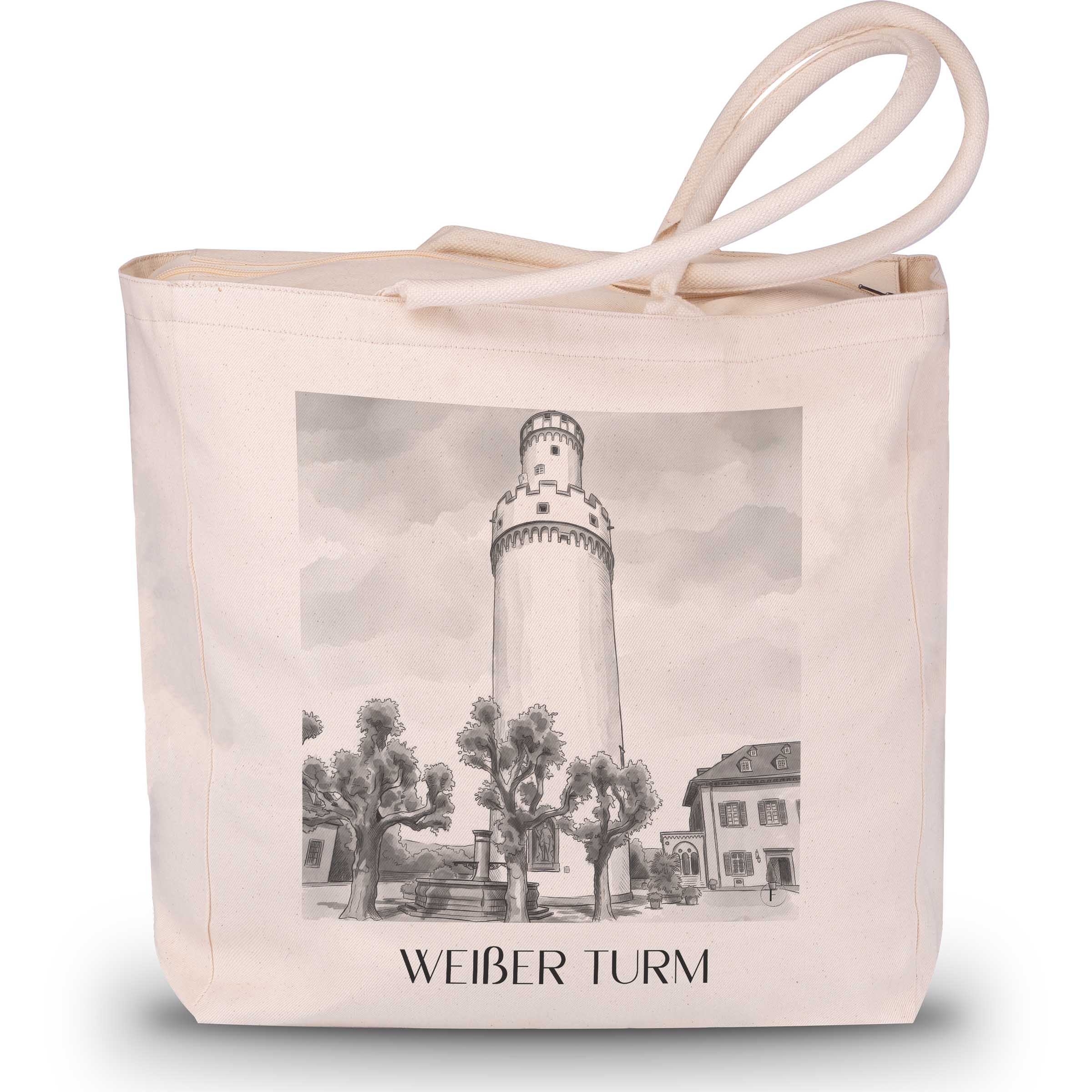 weißer-turm-bad-homburg-deutschland-einkaufstasche-aquarell-schwarz-weiss