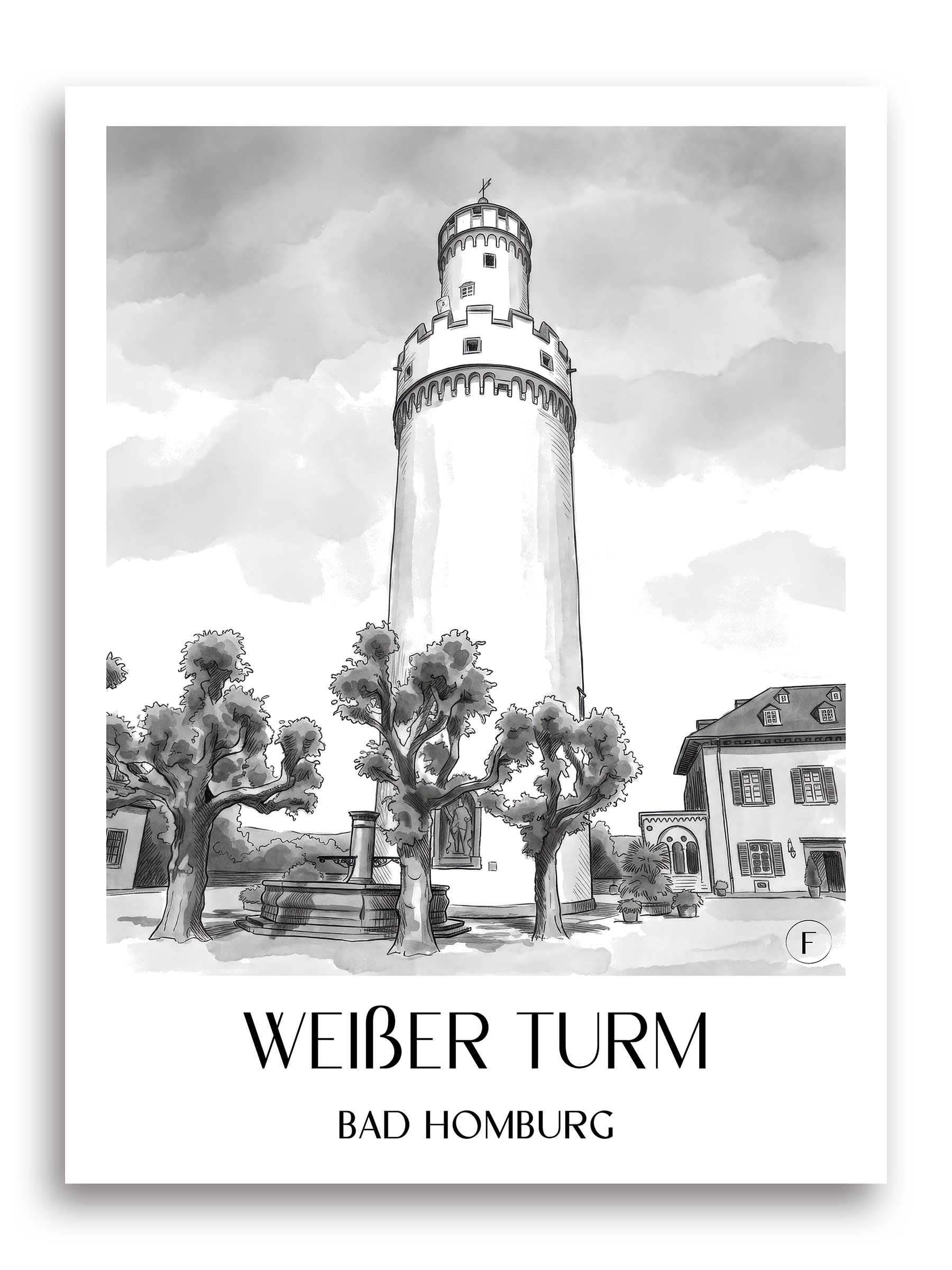 weißer-turm-bad-homburg-deutschland-poster-aquarell-schwarz-weiss