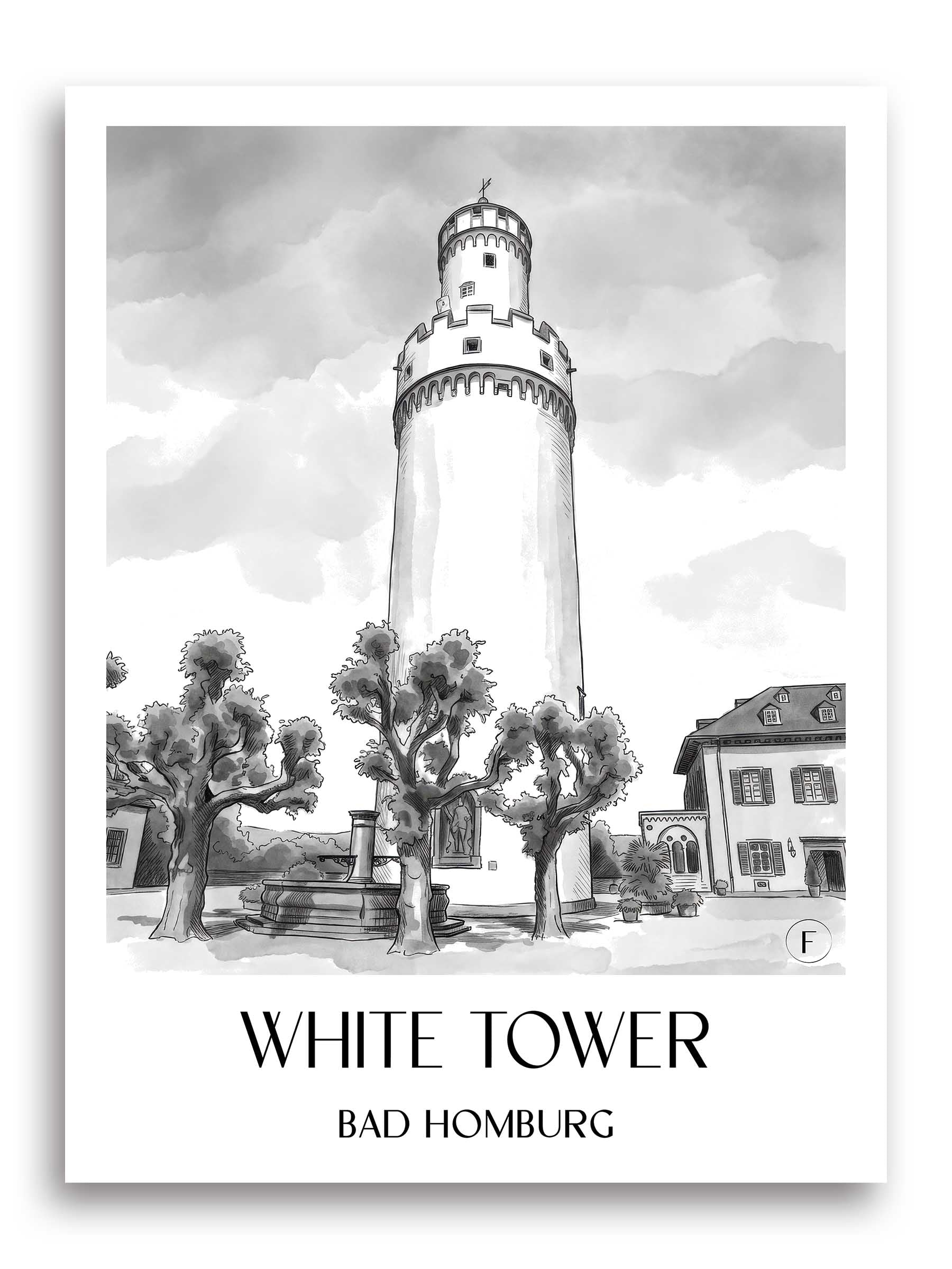 Weißer Turm Poster - Bad Homburg - Deutschland Kunstdruck - Aquarell Schwarz-Weiß von A4 bis A1