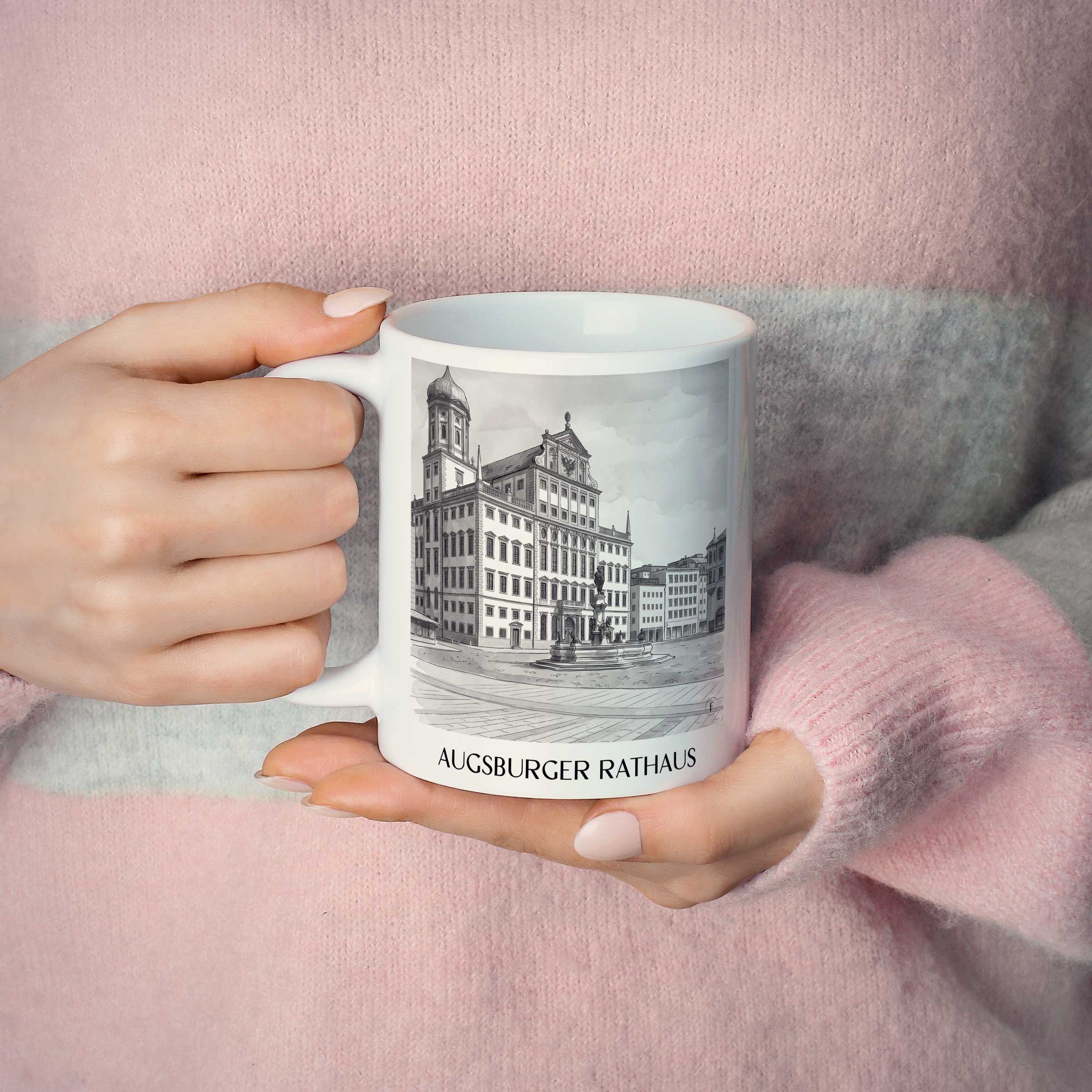 rathaus-augsburg-deutschland-kaffeebecher-aquarell-schwarz-weiss