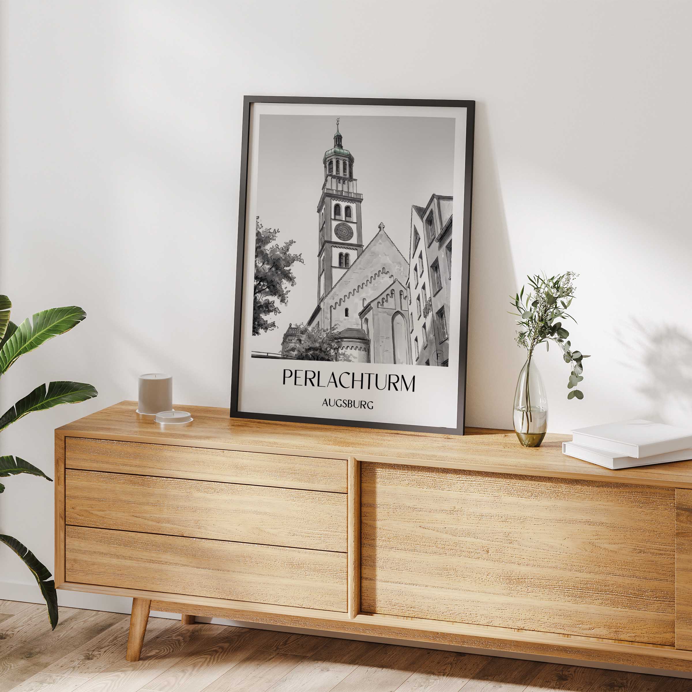 perlachturm-augsburg-deutschland-poster-aquarell-schwarz-weiss