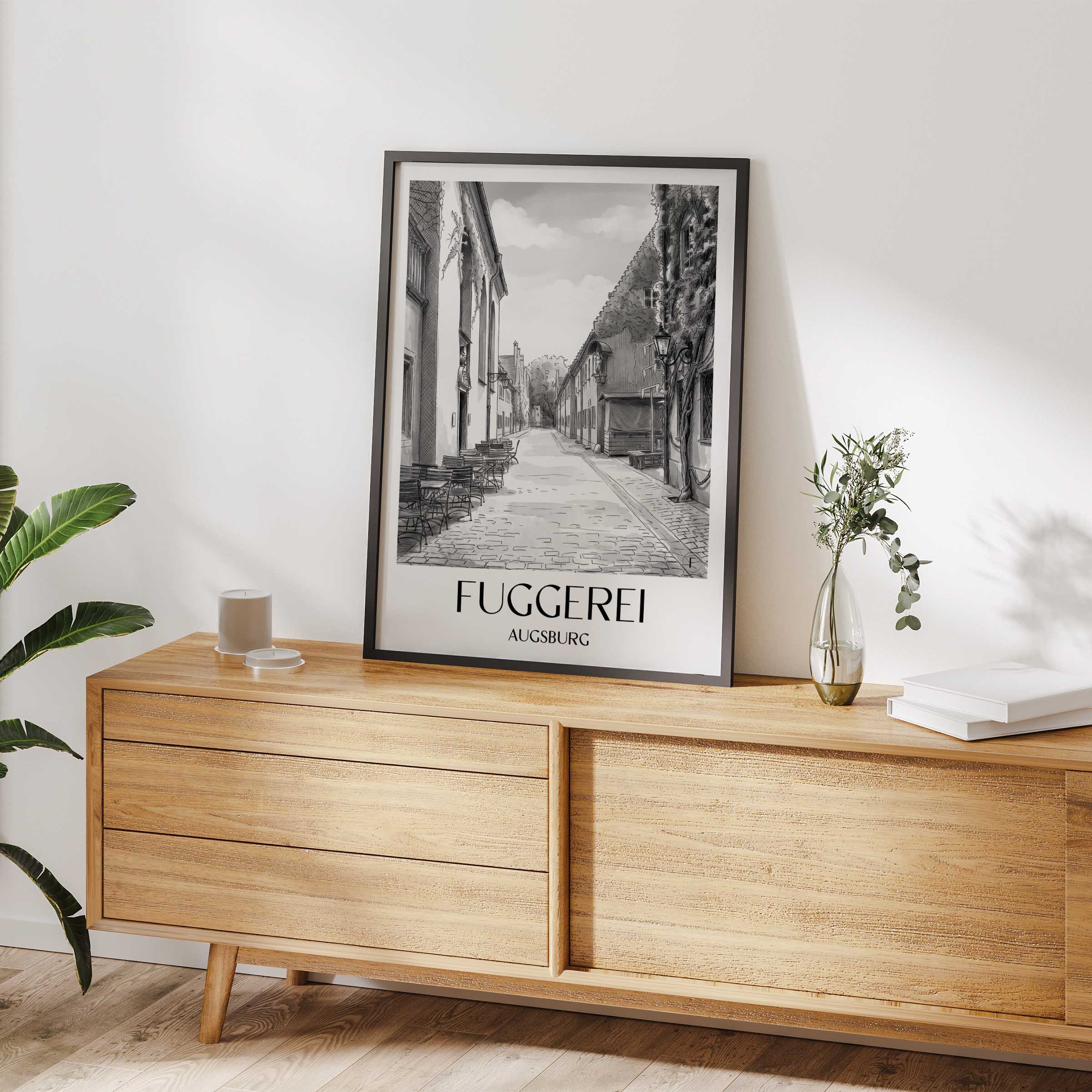 fuggerei-augsburg-deutschland-poster-aquarell-schwarz-weiss