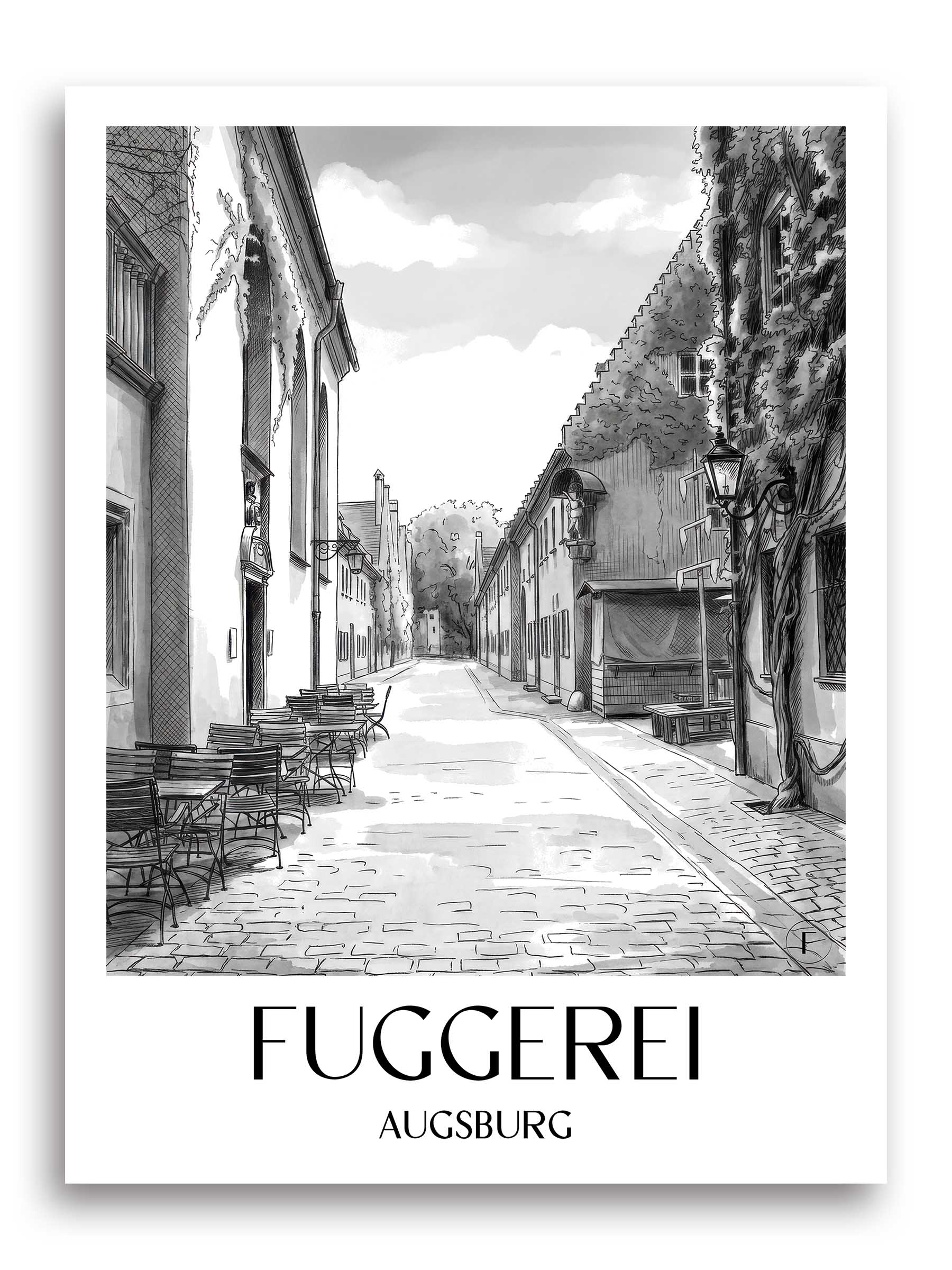 Fuggerei Poster - Augsburg - Deutschland Kunstdruck - Aquarell Schwarz-Weiß von A4 bis A1