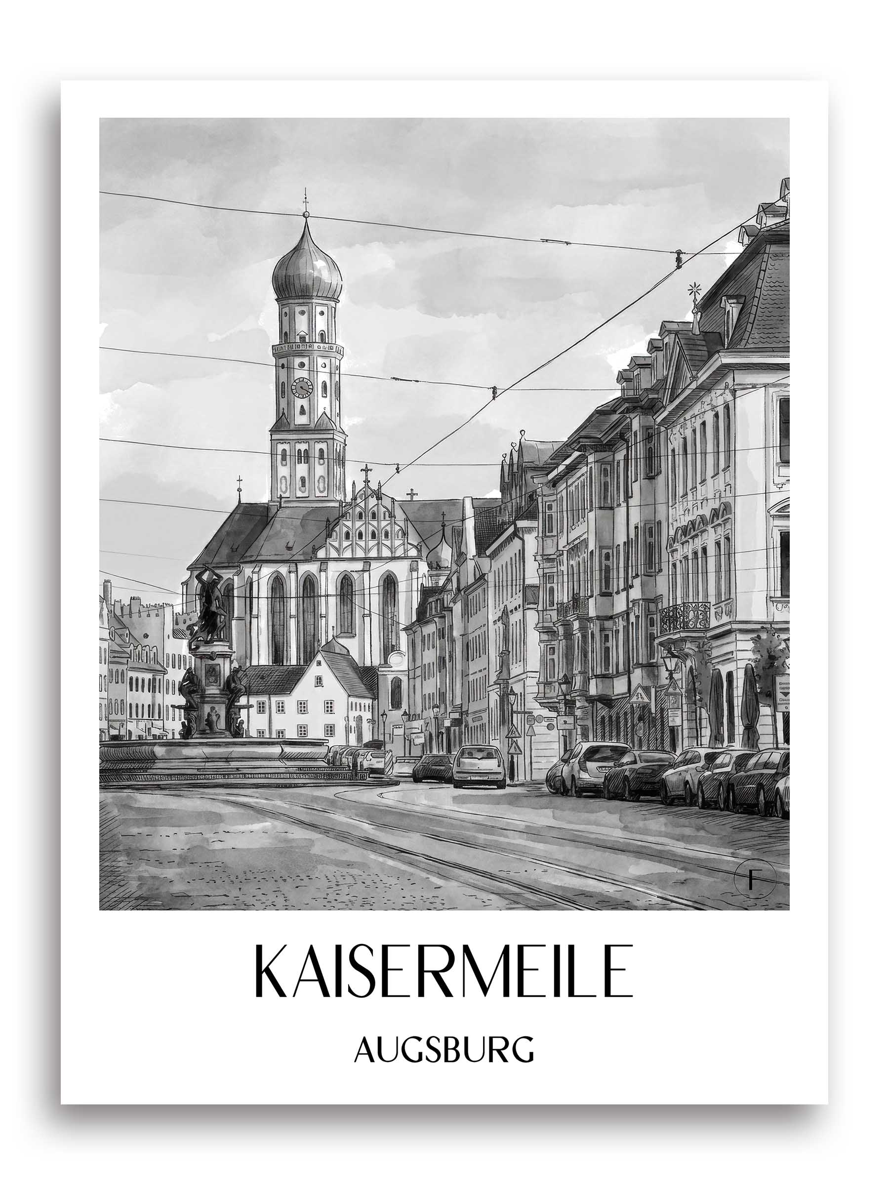 kaisermeile-augsburg-deutschland-poster-aquarell-schwarz-weiss