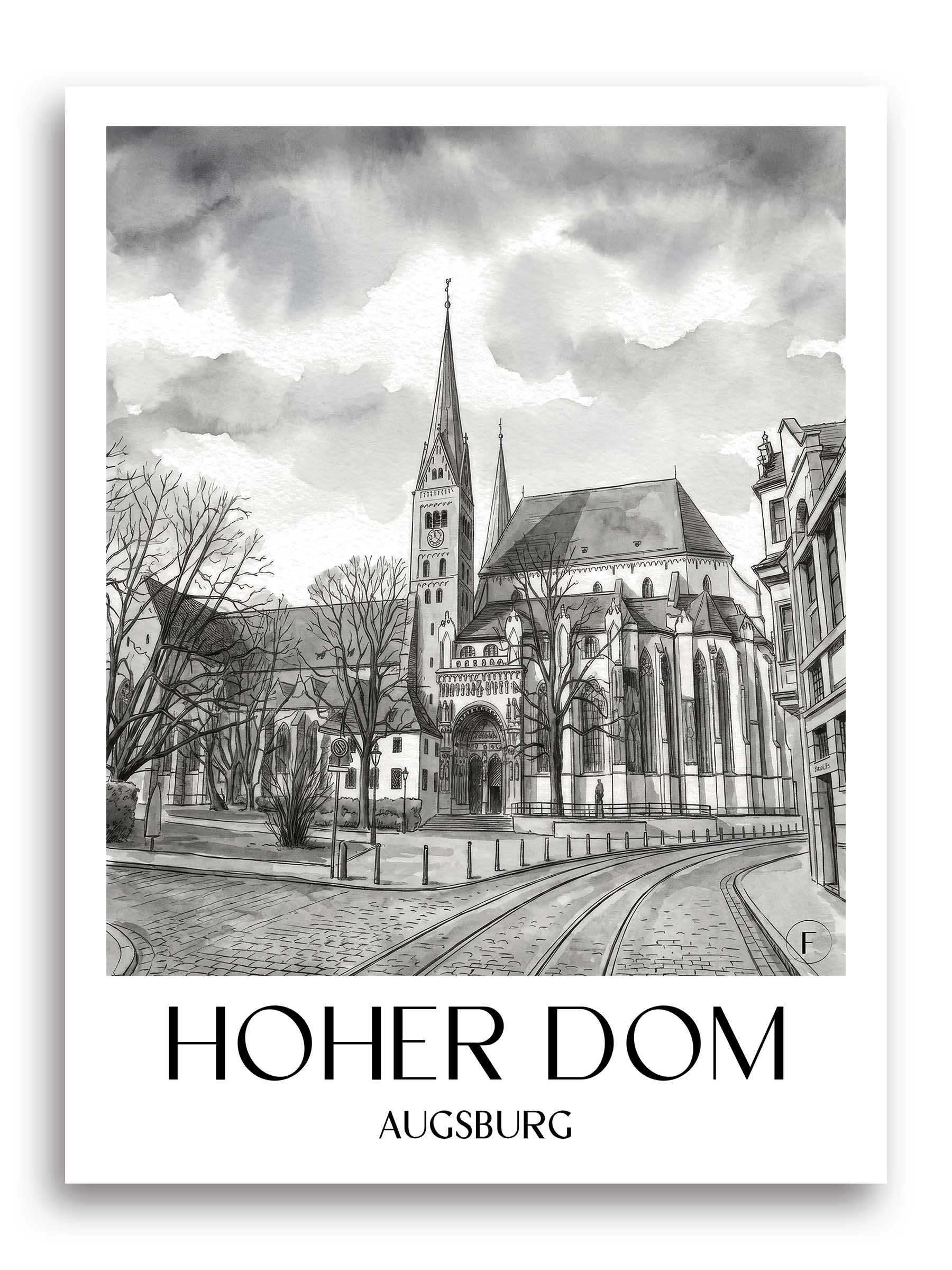 hoher-dom-augsburg-deutschland-poster-aquarell-schwarz-weiss