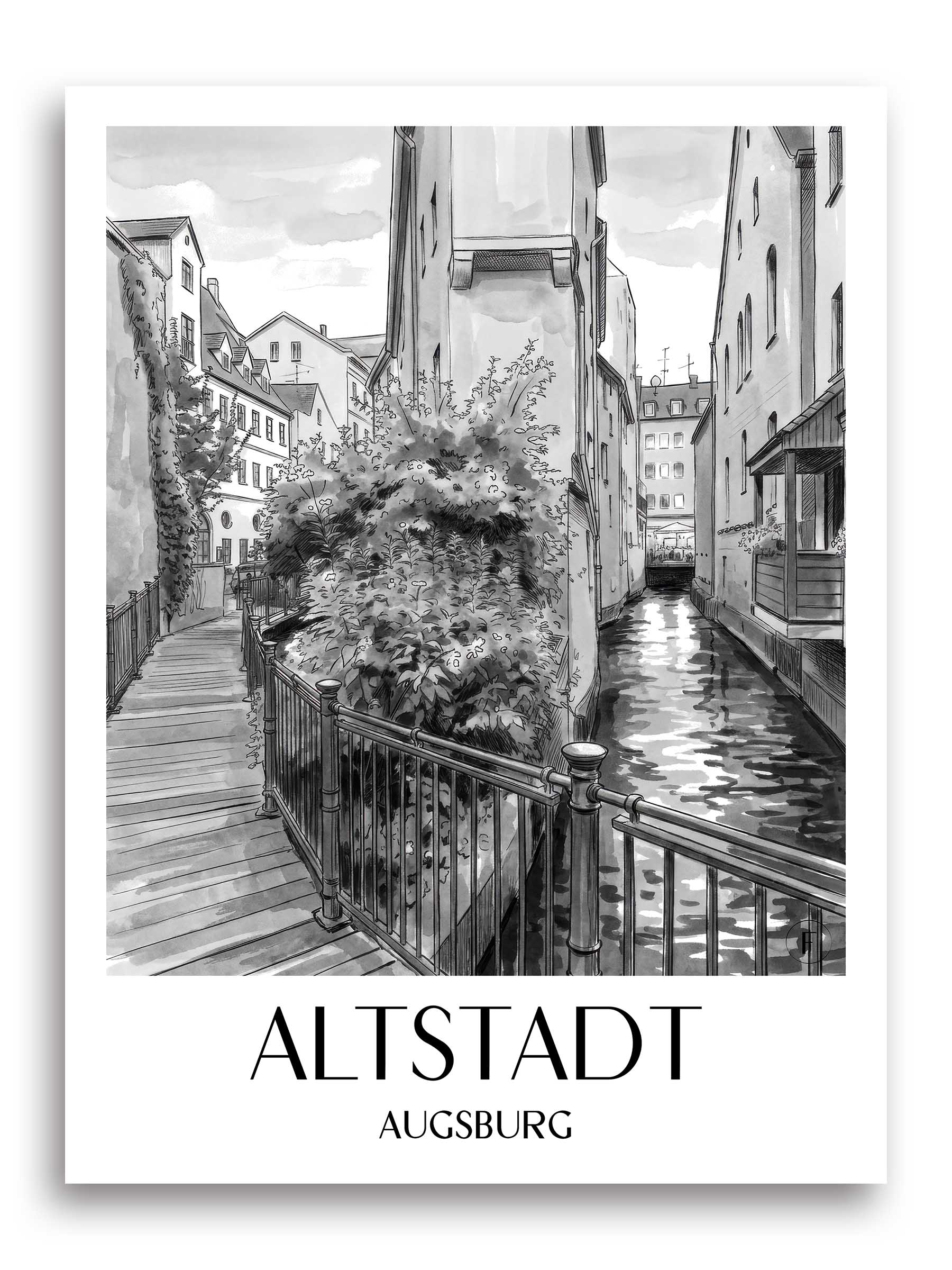 altstadt-augsburg-deutschland-poster-aquarell-schwarz-weiss