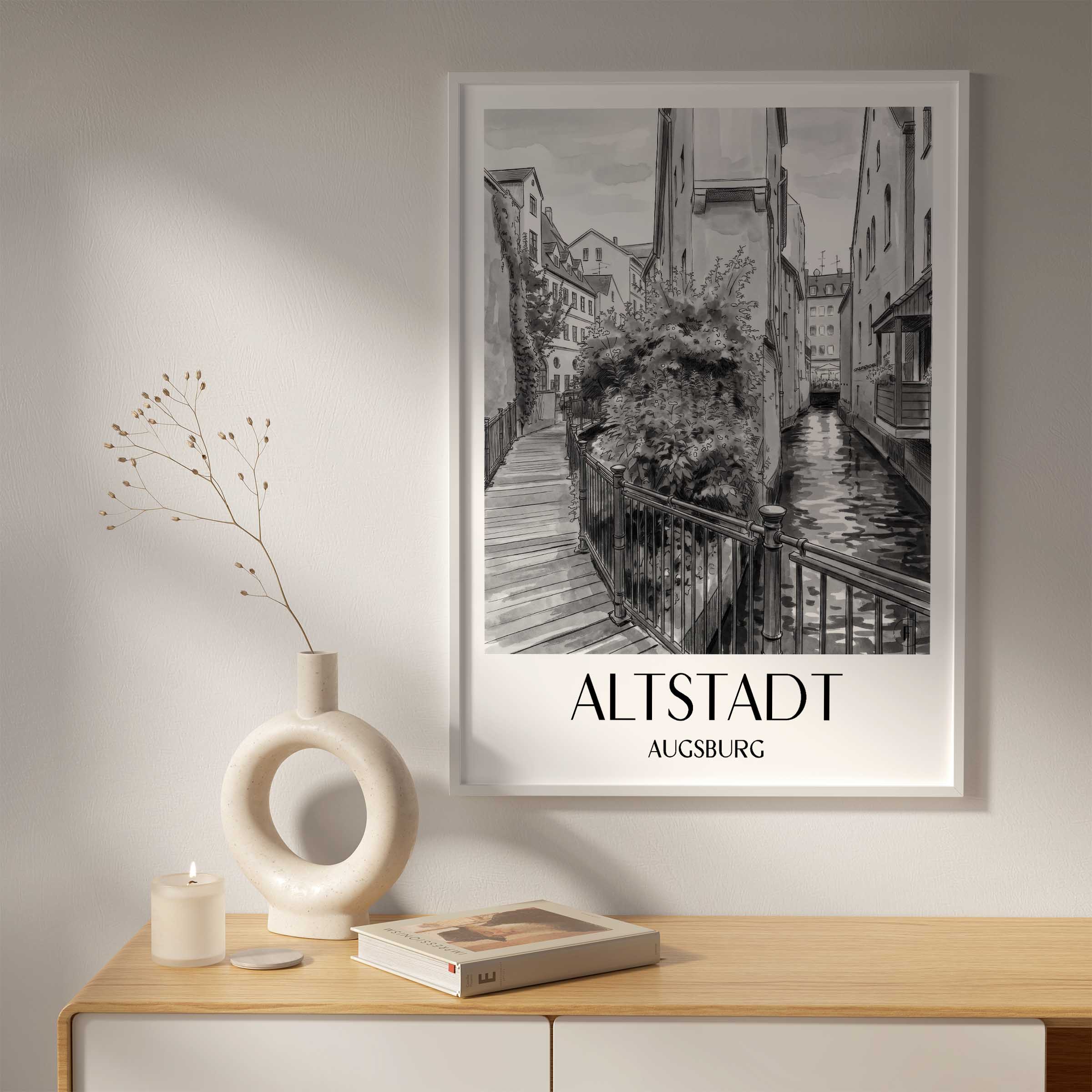 altstadt-augsburg-deutschland-poster-aquarell-schwarz-weiss