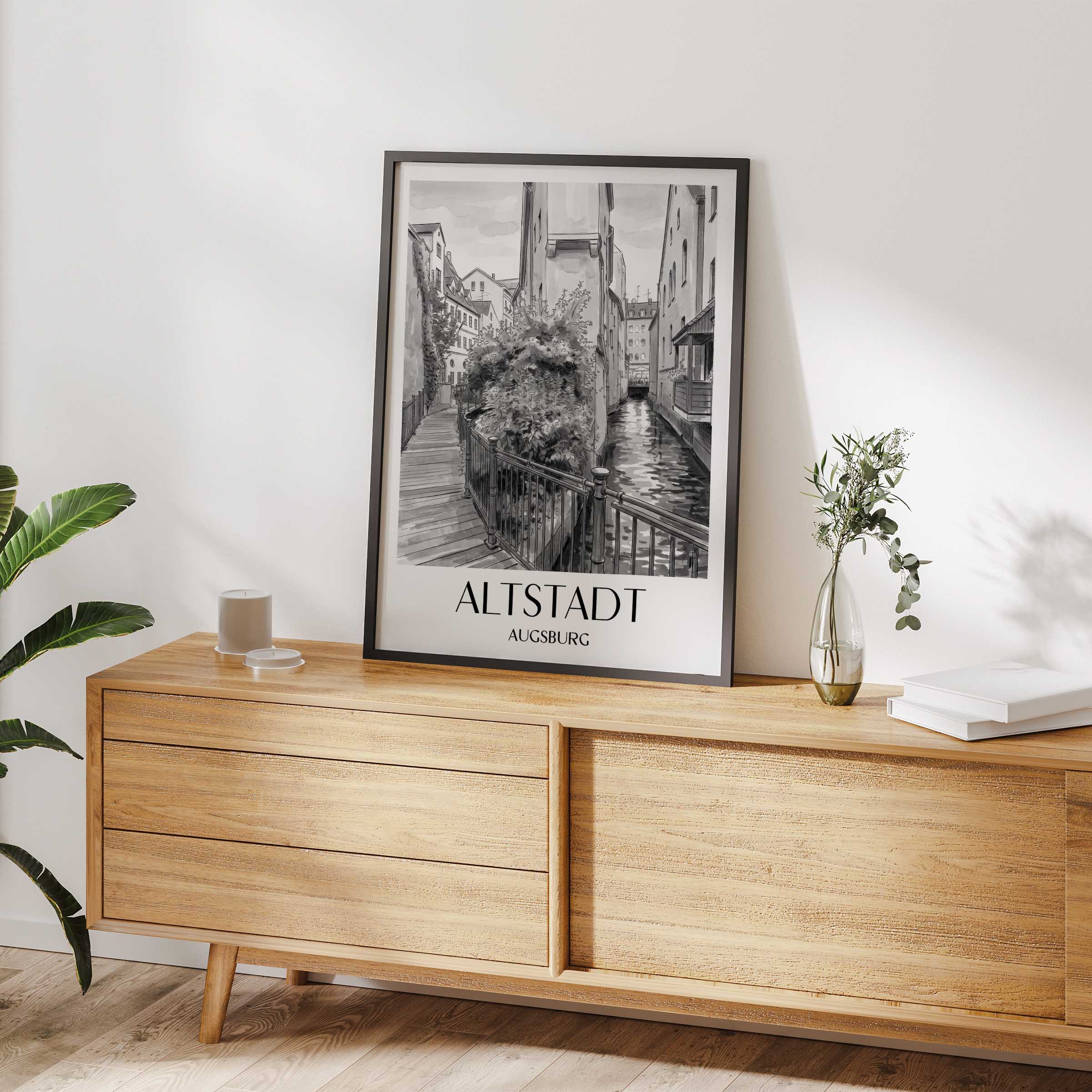 altstadt-augsburg-deutschland-poster-aquarell-schwarz-weiss