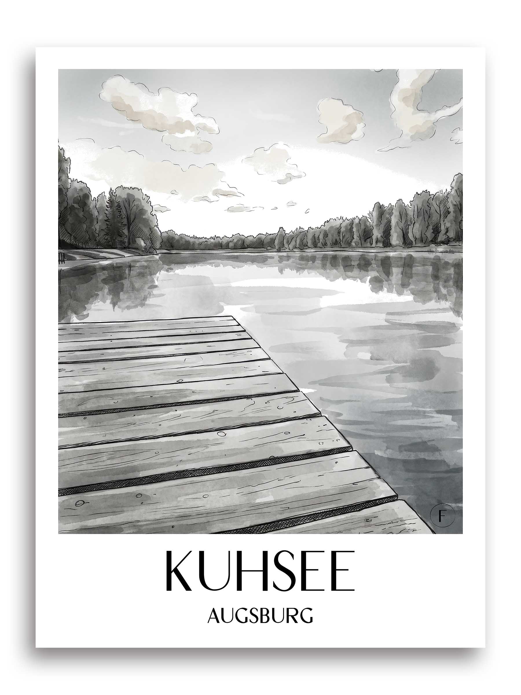 Kuhsee Poster - Augsburg - Deutschland Kunstdruck - Aquarell Schwarz-Weiß von A4 bis A1