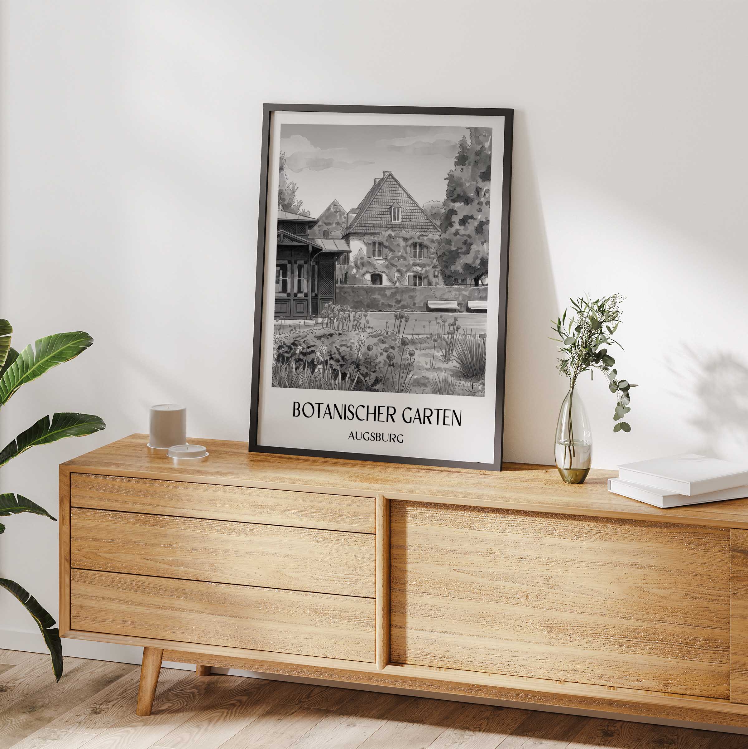 botanischer-garten-augsburg-deutschland-poster-aquarell-schwarz-weiss