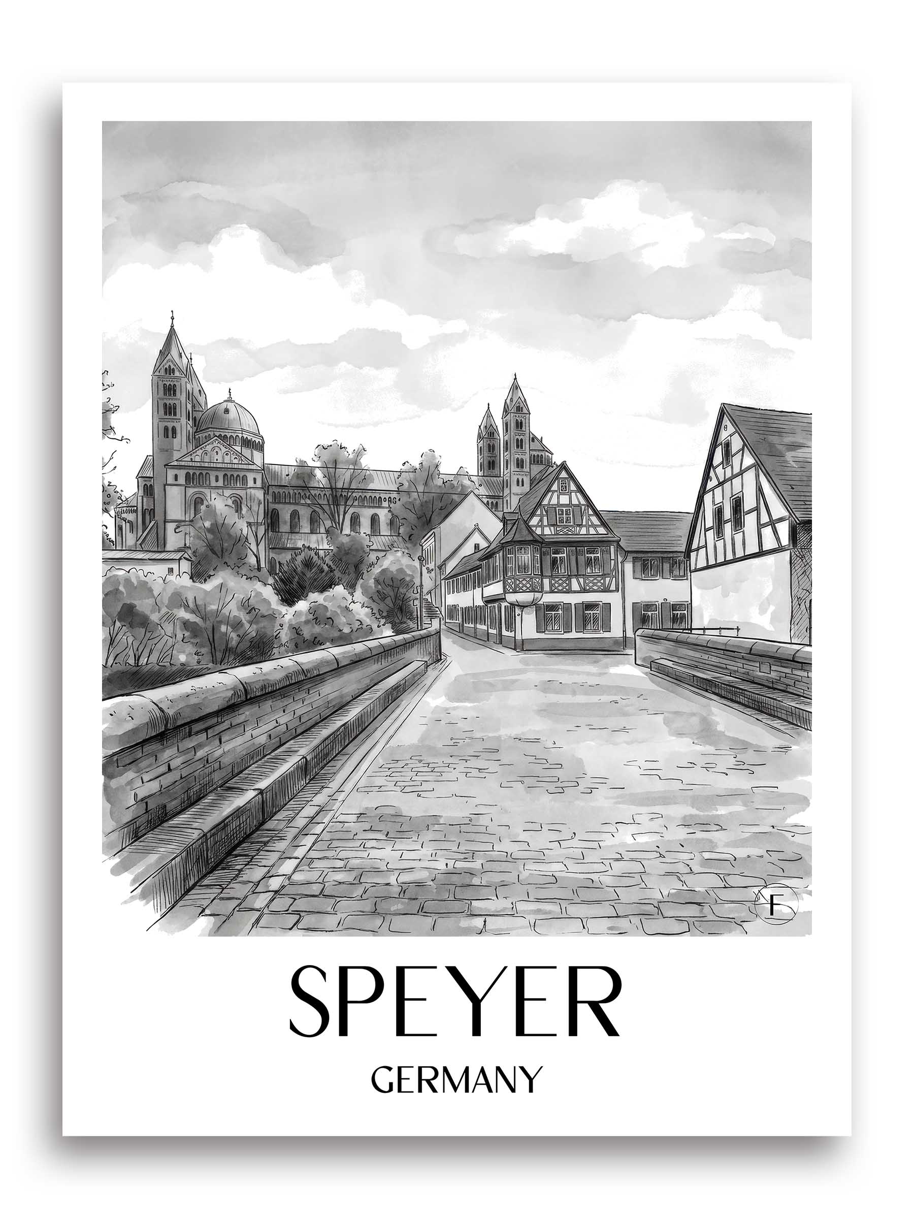 Speyer Poster - Rheinland-Pfalz - Deutschland Kunstdruck - Aquarell Schwarz-Weiß von A4 bis A1
