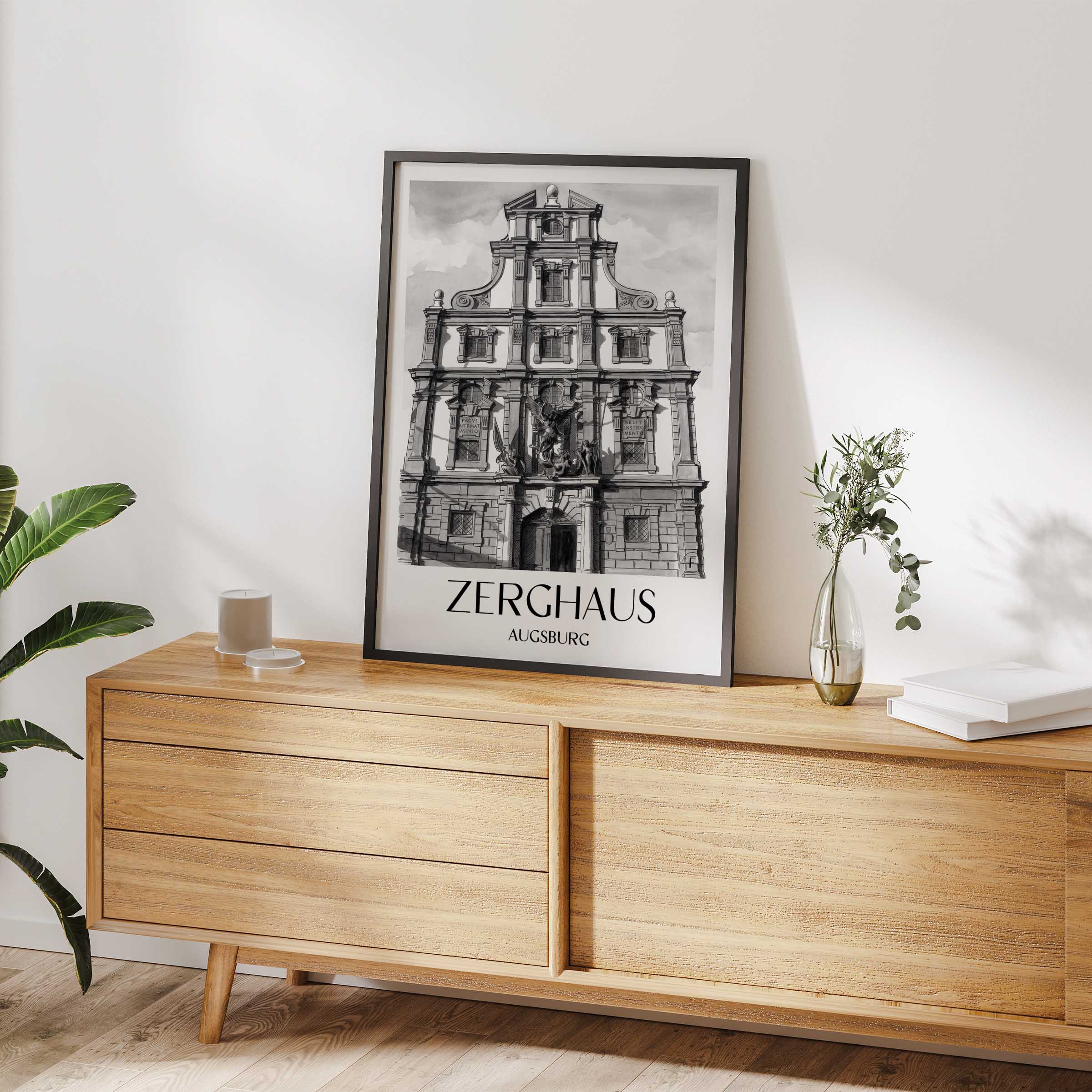 zerghaus-augsburg-deutschland-poster-aquarell-schwarz-weiss