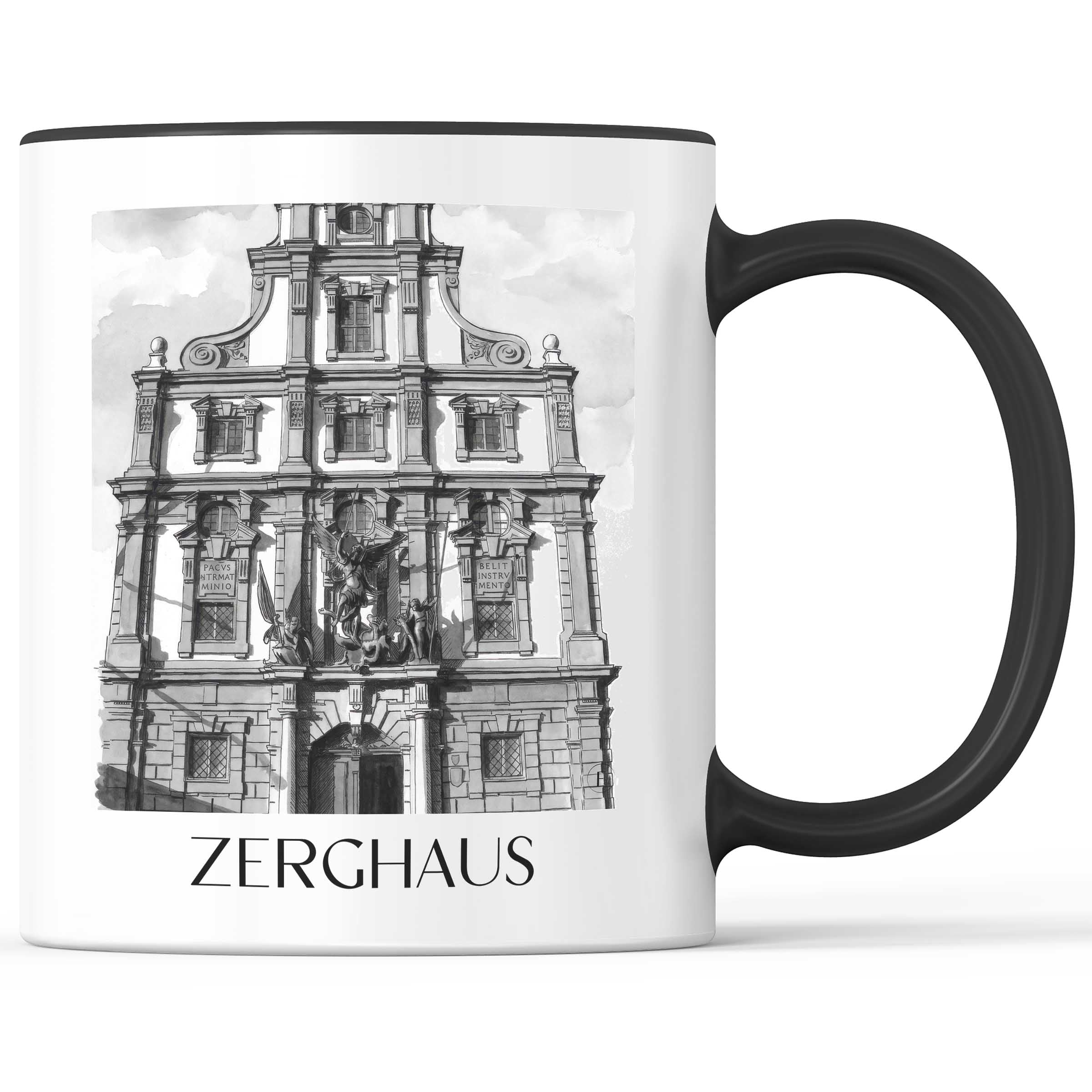 Zerghaus Kaffeebecher - Augsburg - Deutschland Becher - Kaffeetasse im Aquarell Schwarz-Weiß Stil