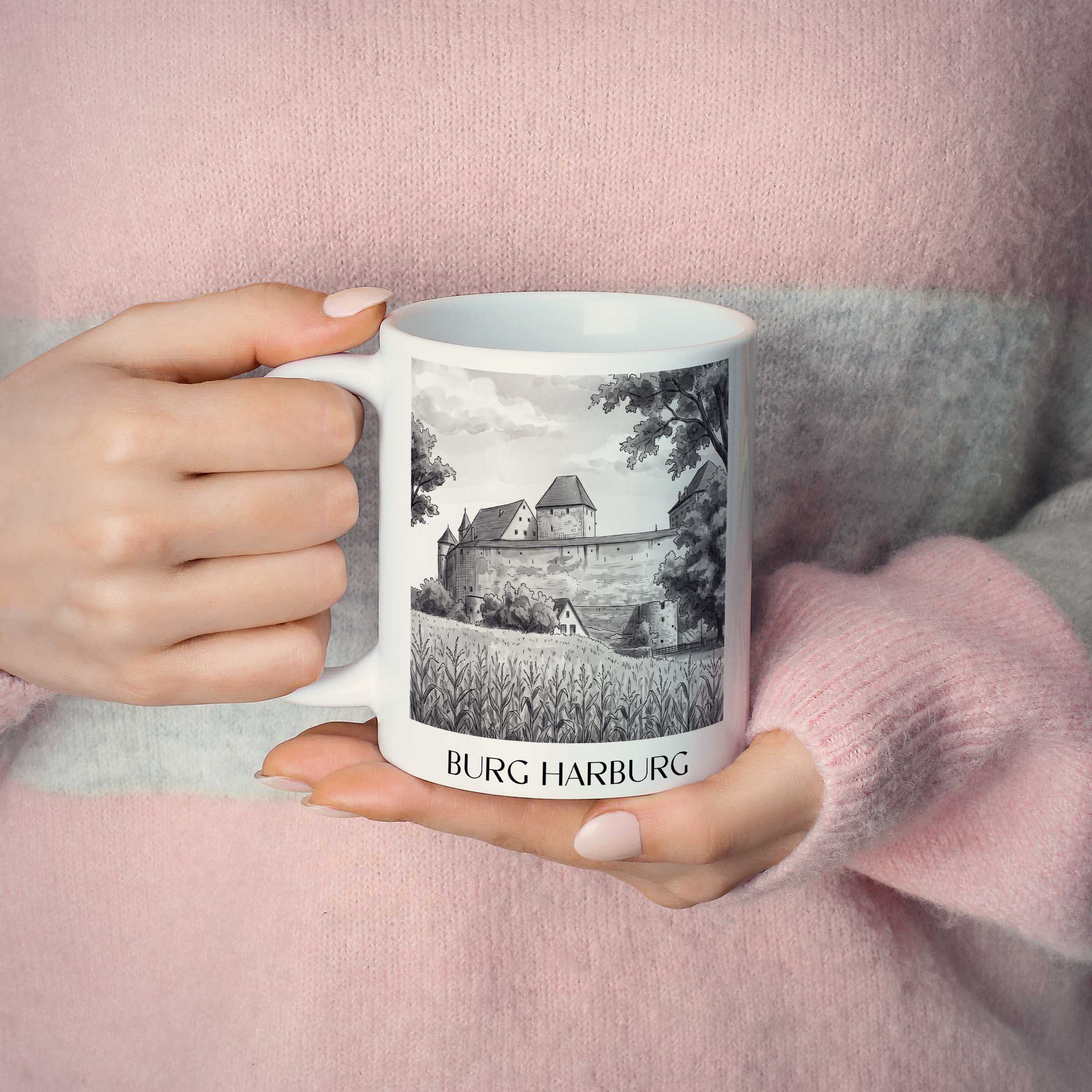 burg-harburg-schwaben-deutschland-kaffeebecher-aquarell-schwarz-weiss