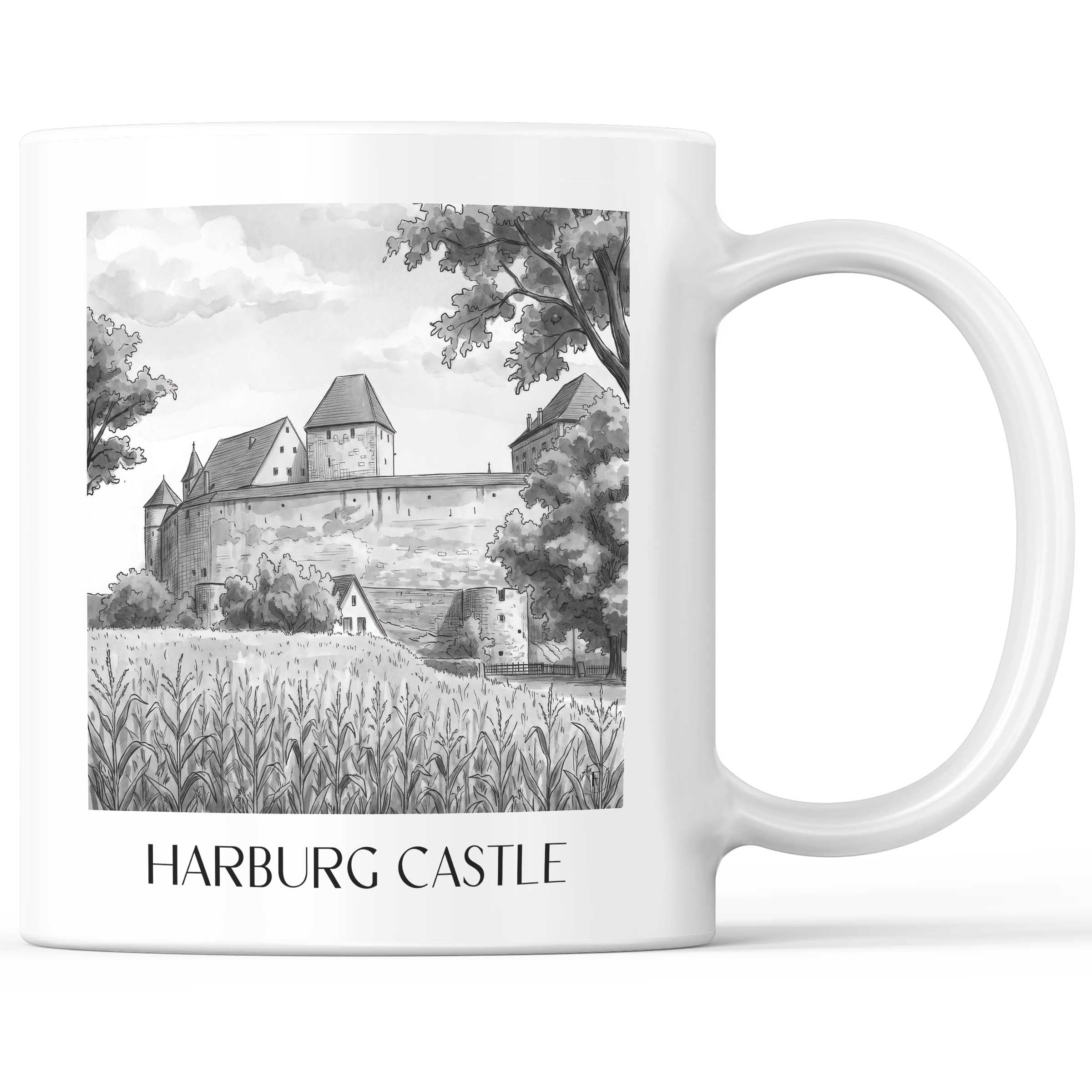 Burg Harburg Kaffeebecher - Schwaben - Deutschland Becher - Kaffeetasse im Aquarell Schwarz-Weiß Stil