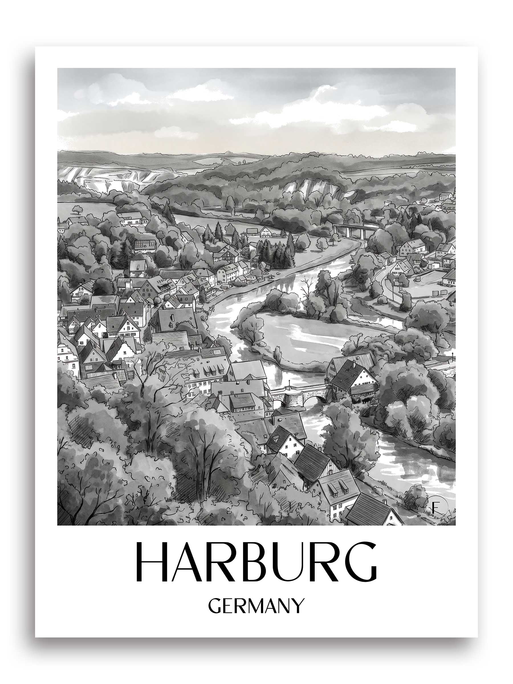 Harburg Poster - Schwaben - Deutschland Kunstdruck - Aquarell Schwarz-Weiß von A4 bis A1