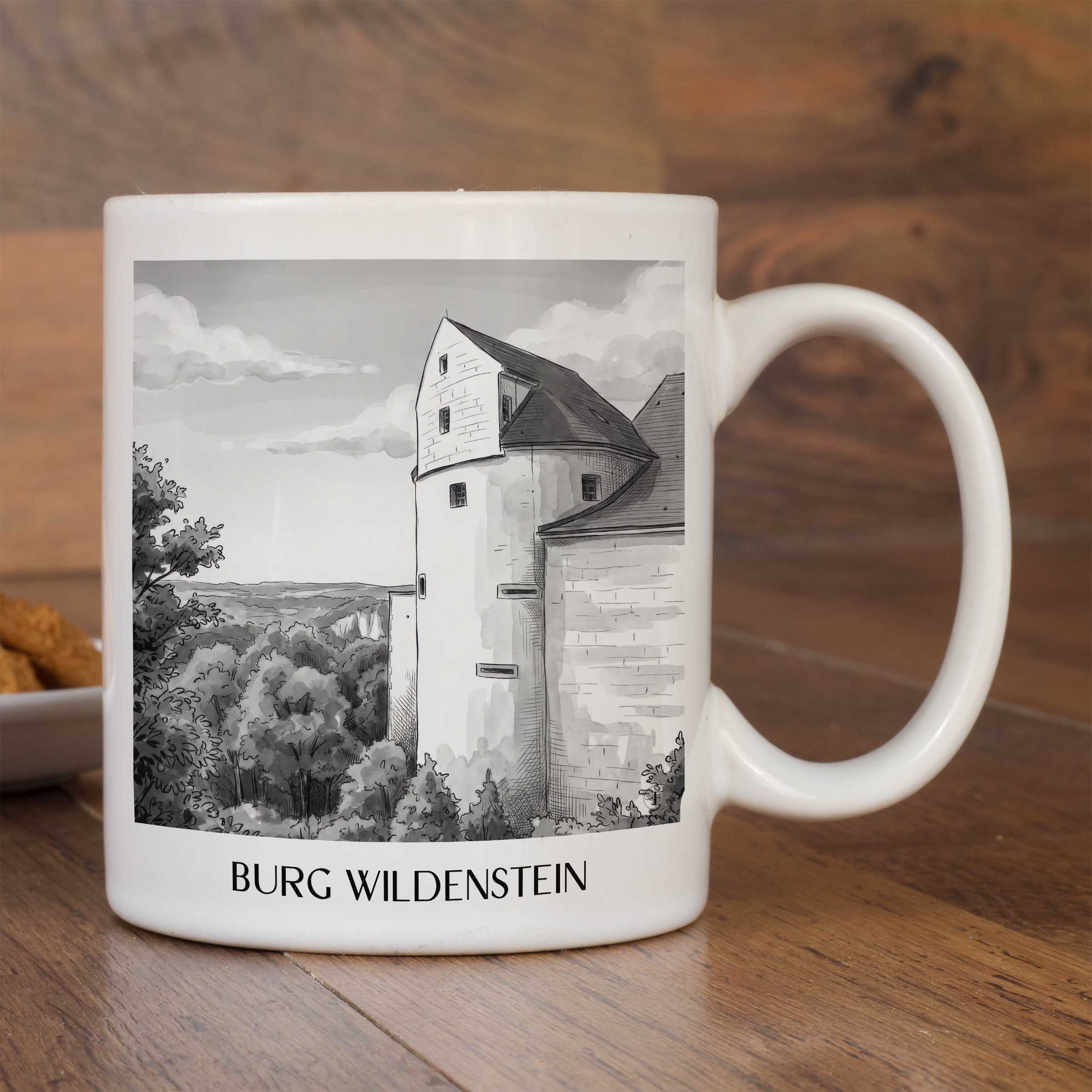 burg-wildenstein-schwäbische-alb-deutschland-kaffeebecher-aquarell-schwarz-weiss