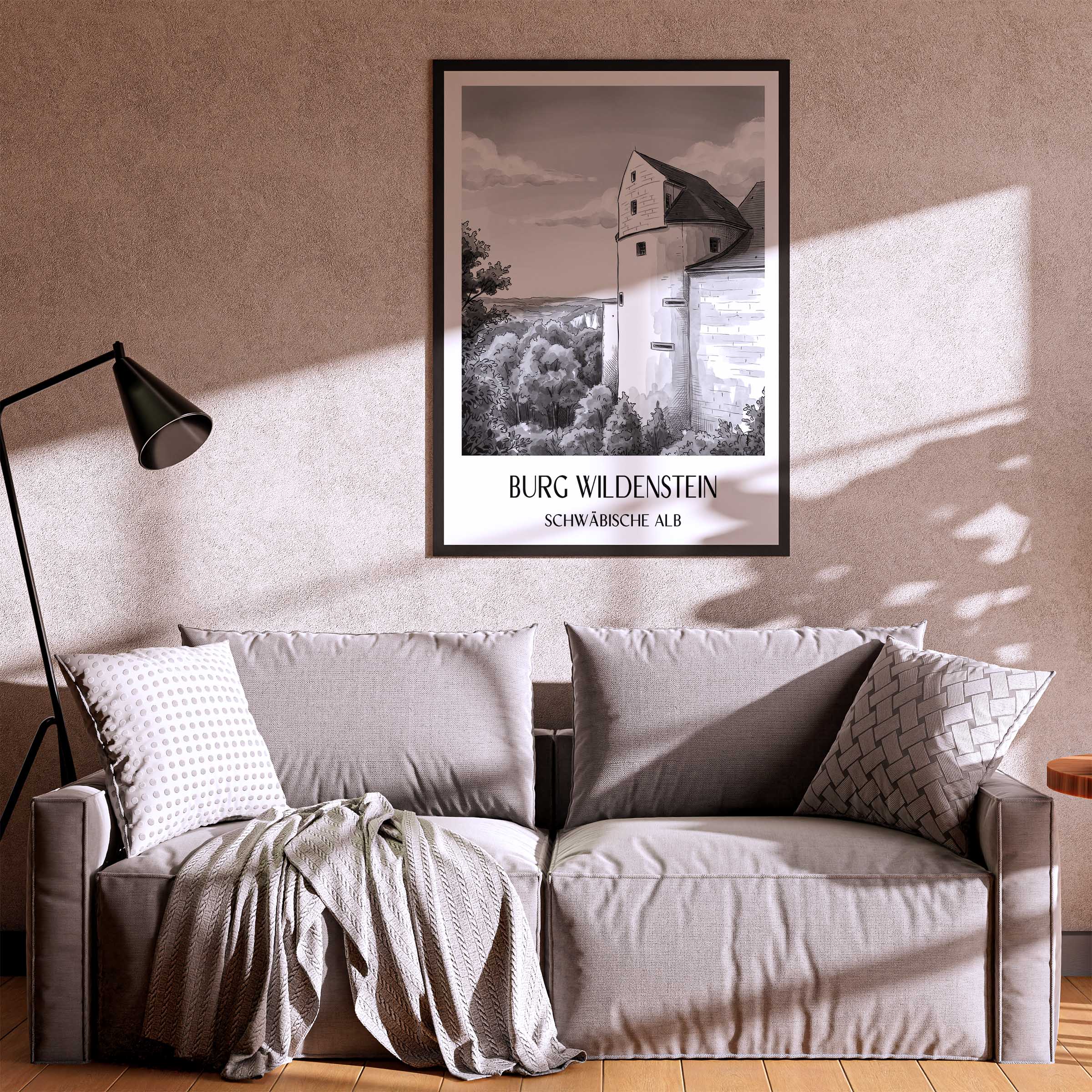 burg-wildenstein-schwäbische-alb-deutschland-poster-aquarell-schwarz-weiss