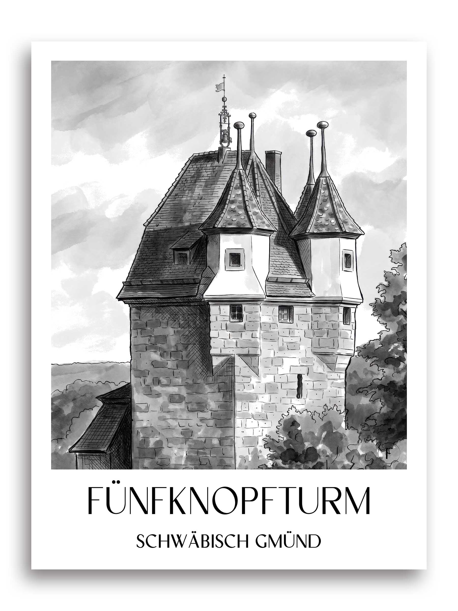 fünfknopfturm-schwäbisch-gmünd-deutschland-poster-aquarell-schwarz-weiss