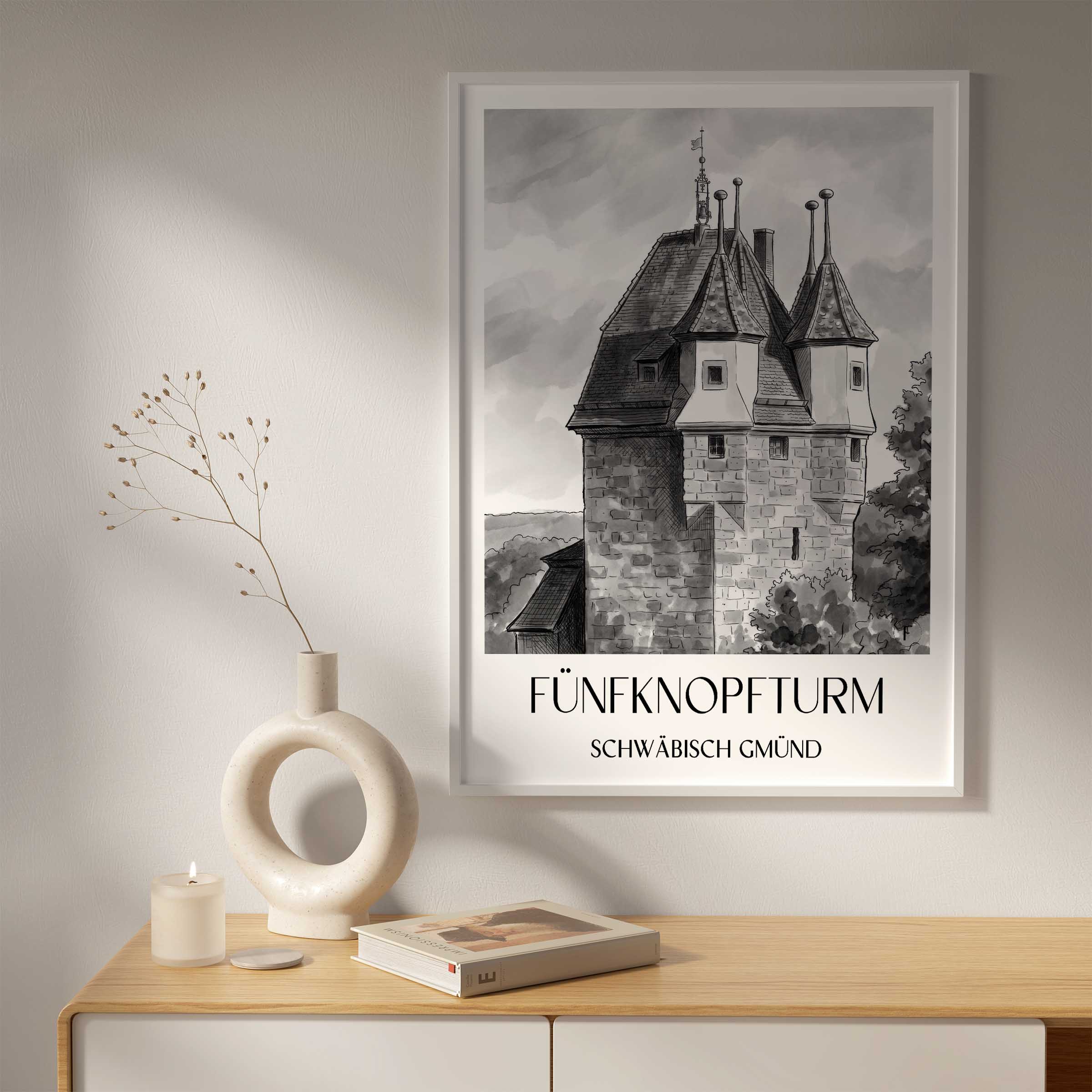 fünfknopfturm-schwäbisch-gmünd-deutschland-poster-aquarell-schwarz-weiss