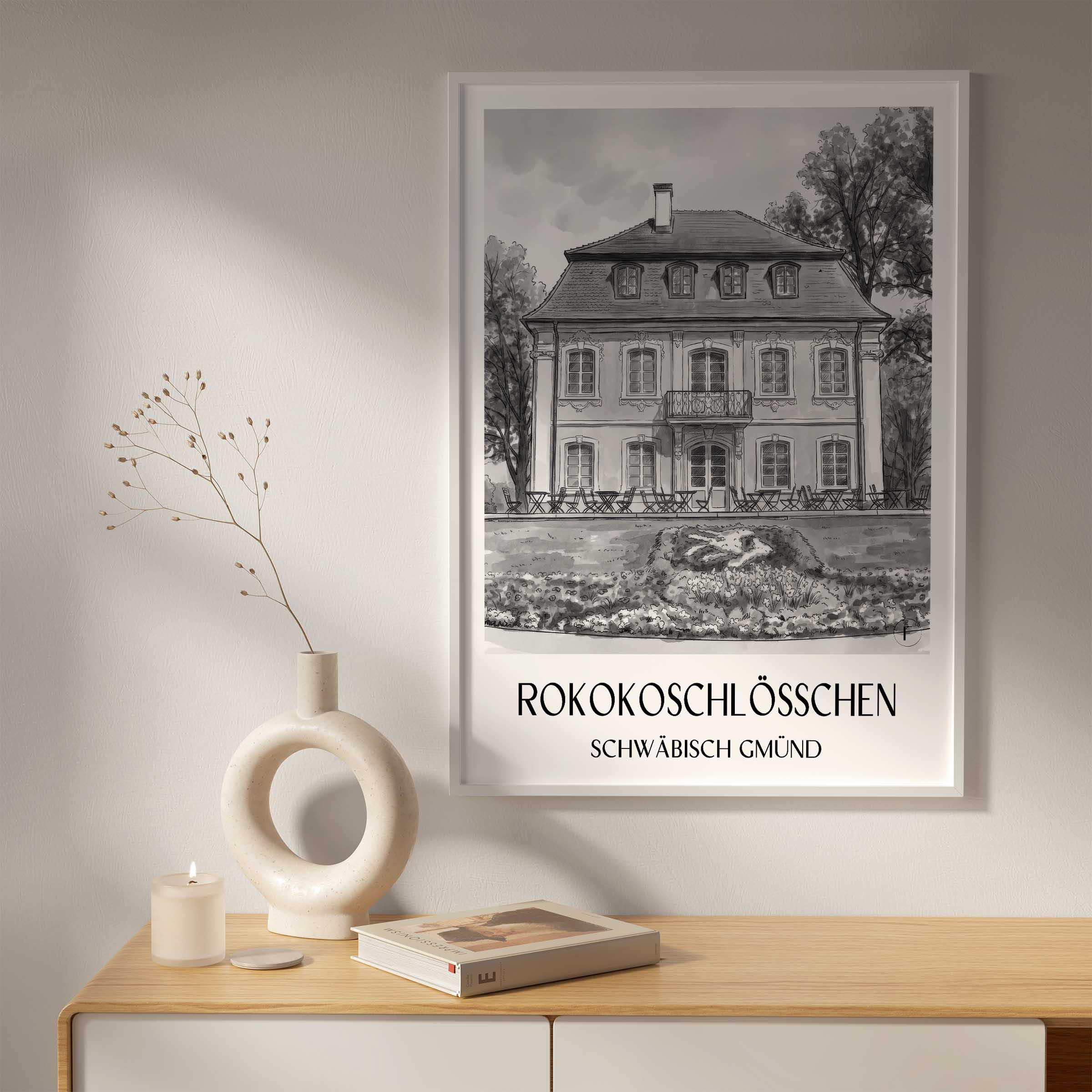 rokokoschlösschen-schwäbisch-gmünd-deutschland-poster-aquarell-schwarz-weiss