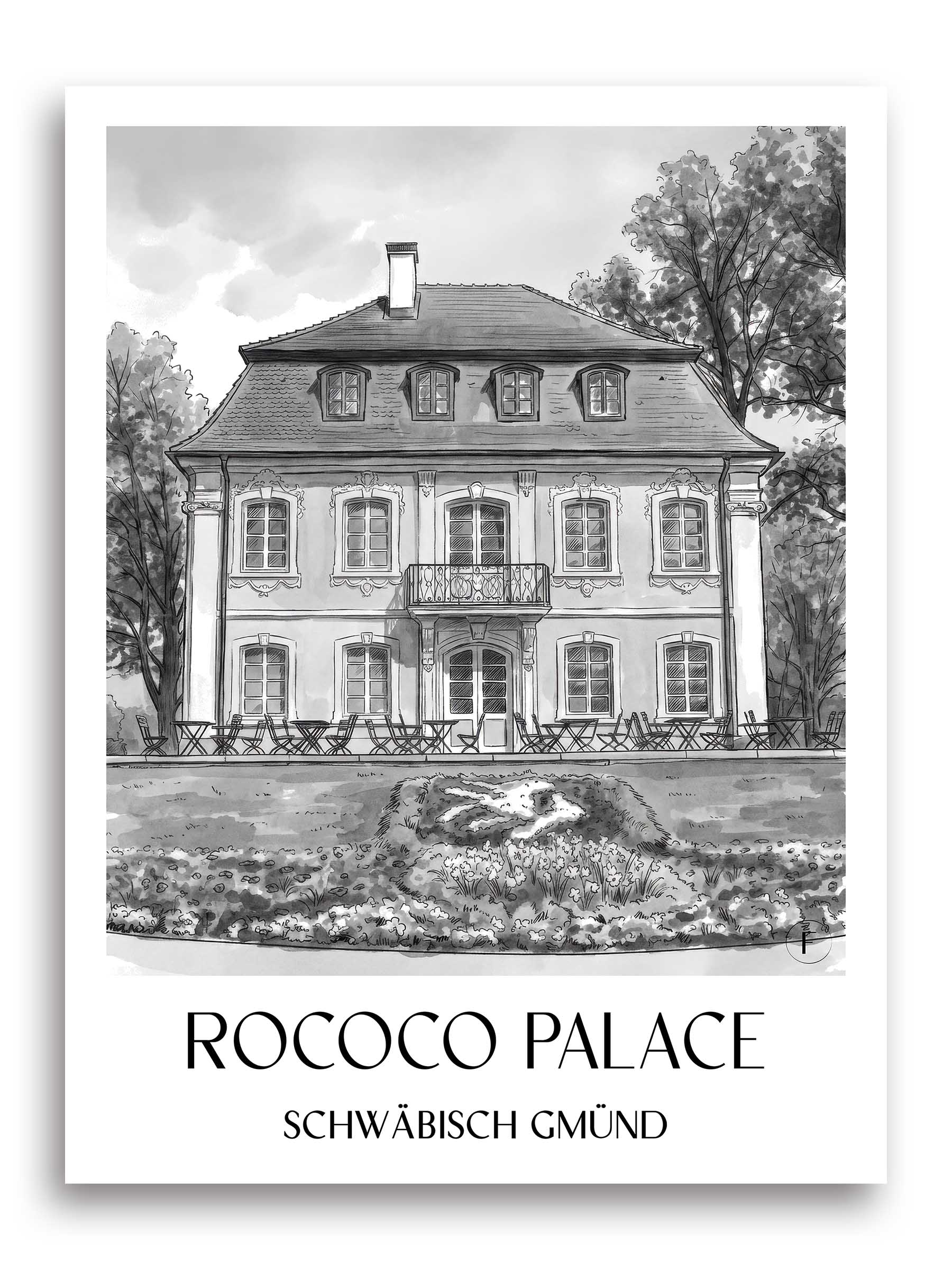 Rokokoschlösschen Poster - Schwäbisch Gmünd - Deutschland Kunstdruck - Aquarell Schwarz-Weiß von A4 bis A1