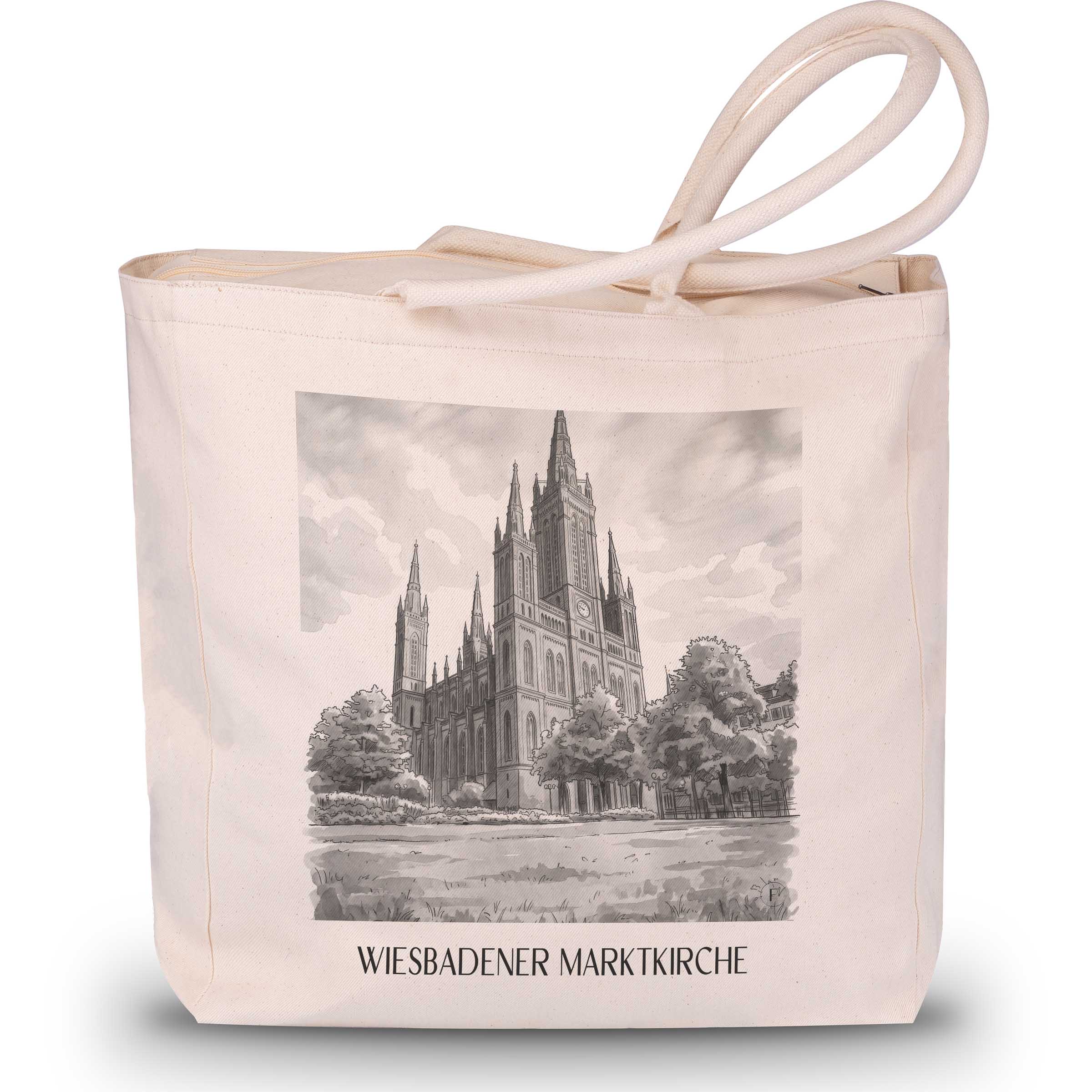 marktkirche-wiesbaden-deutschland-einkaufstasche-aquarell-schwarz-weiss