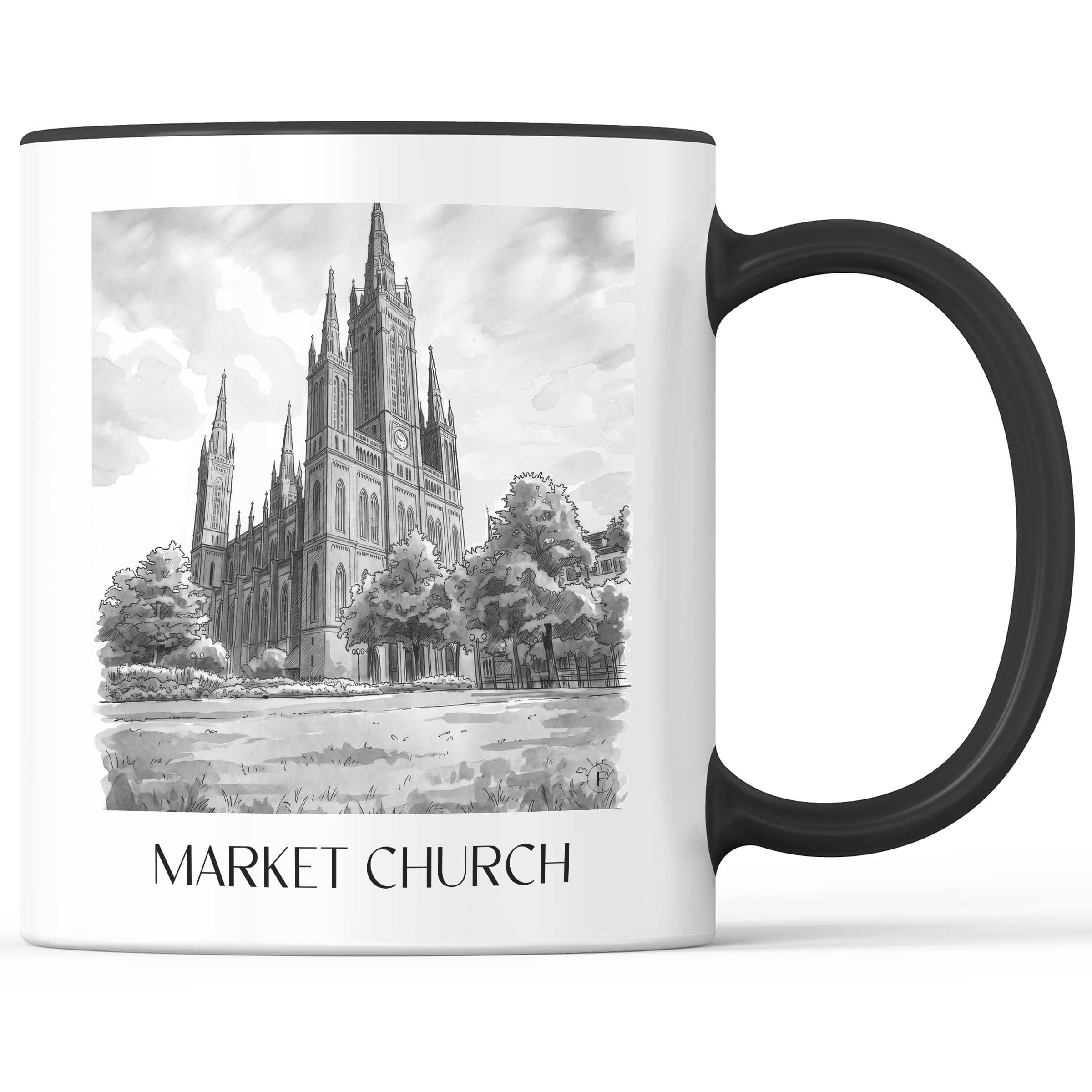 Marktkirche Kaffeebecher - Wiesbaden - Deutschland Becher - Kaffeetasse im Aquarell Schwarz-Weiß Stil