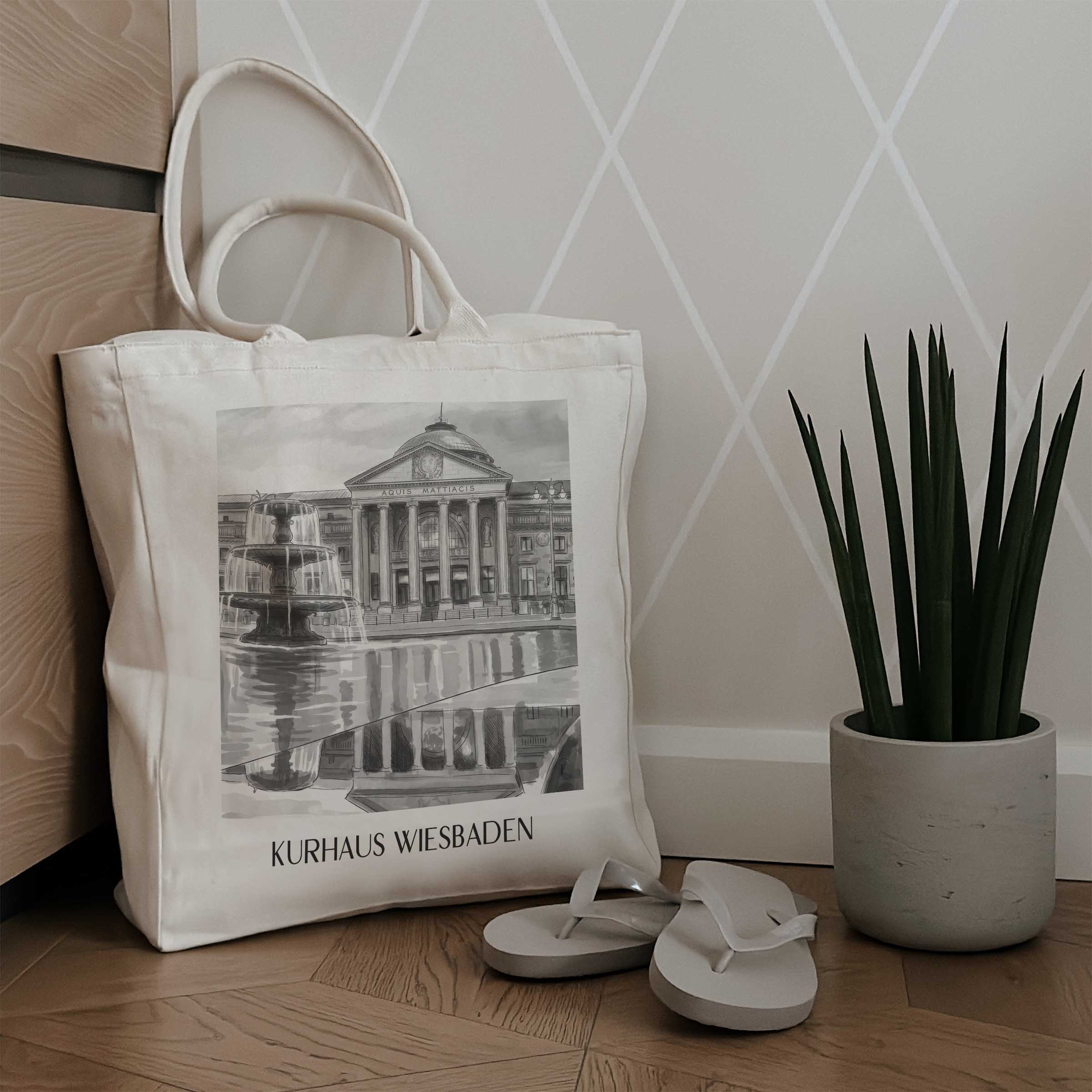 kurhaus-wiesbaden-deutschland-einkaufstasche-aquarell-schwarz-weiss