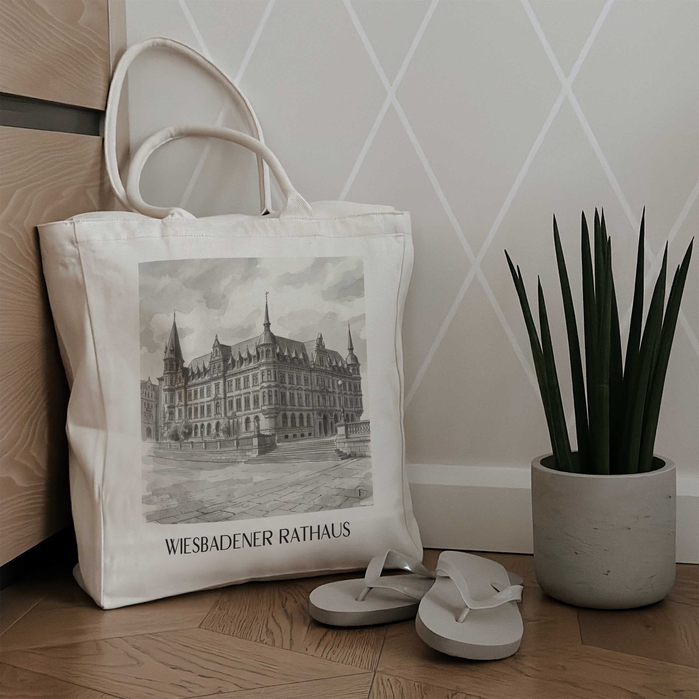 rathaus-wiesbaden-deutschland-einkaufstasche-aquarell-schwarz-weiss
