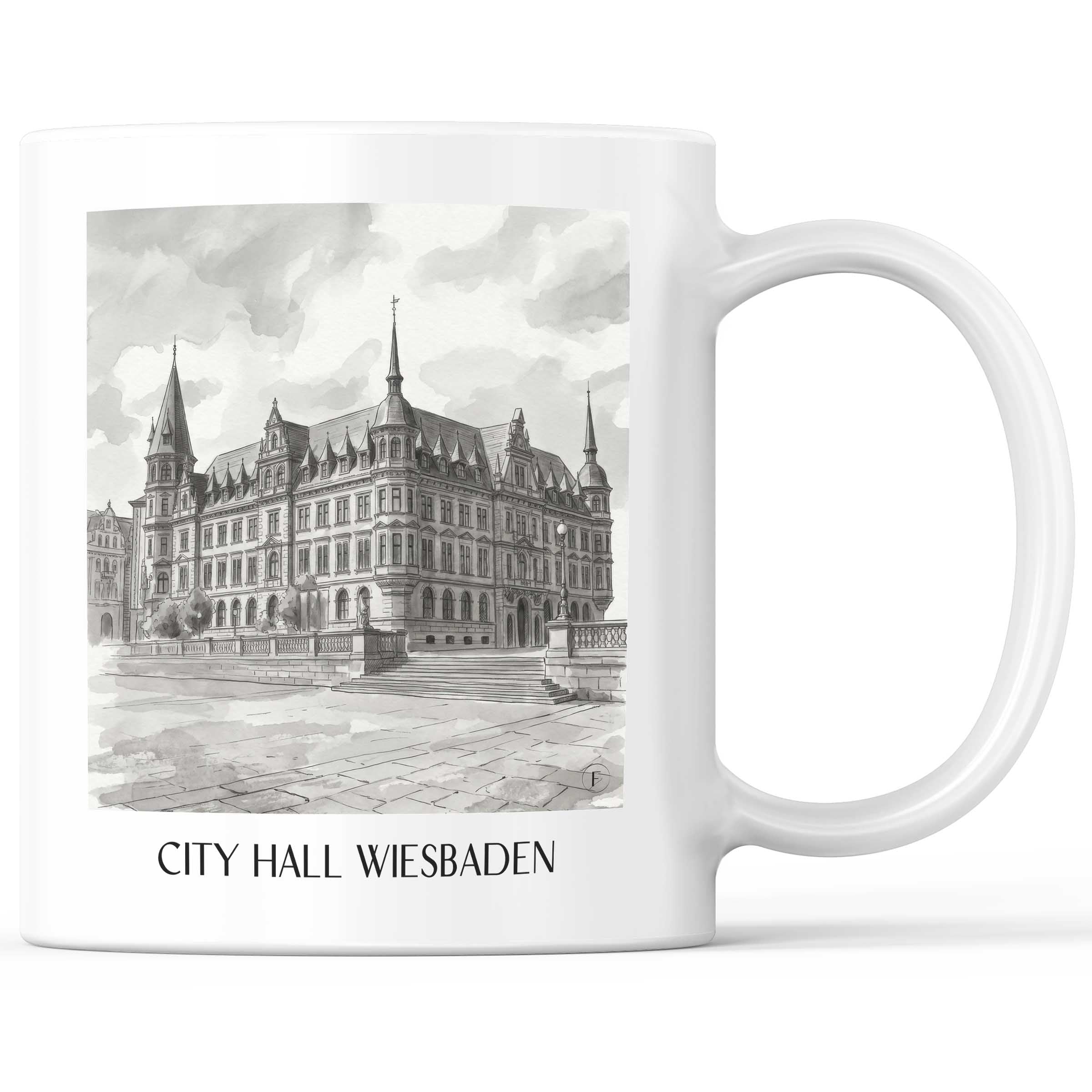 Rathaus Kaffeebecher - Wiesbaden - Deutschland Becher - Kaffeetasse im Aquarell Schwarz-Weiß Stil