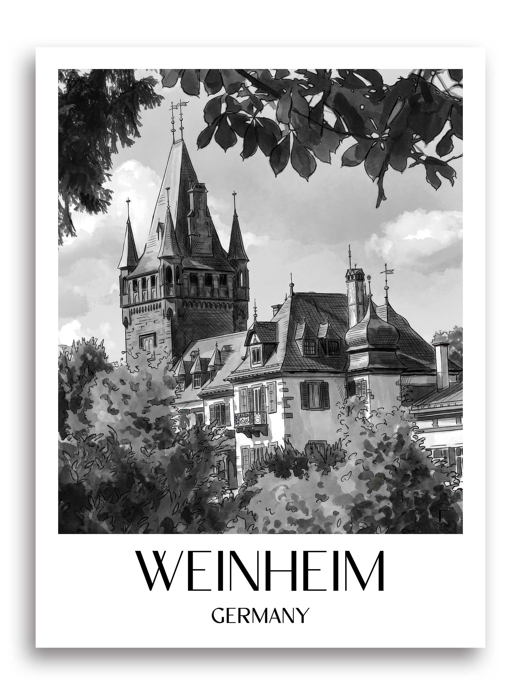 Weinheim Poster - Odenwald - Deutschland Kunstdruck - Aquarell Schwarz-Weiß von A4 bis A1