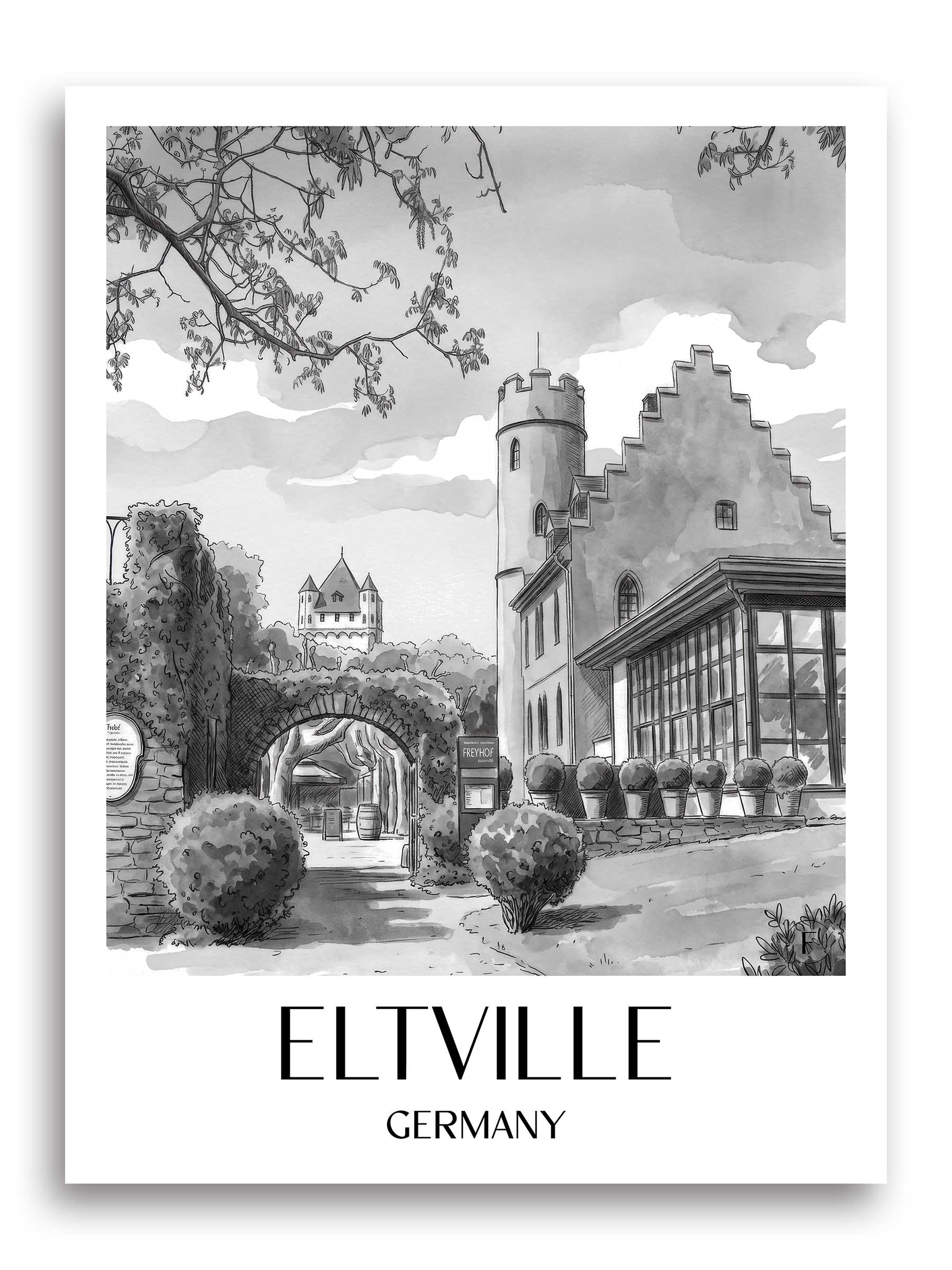 Eltville Poster - Rheingau - Deutschland Kunstdruck - Aquarell Schwarz-Weiß von A4 bis A1