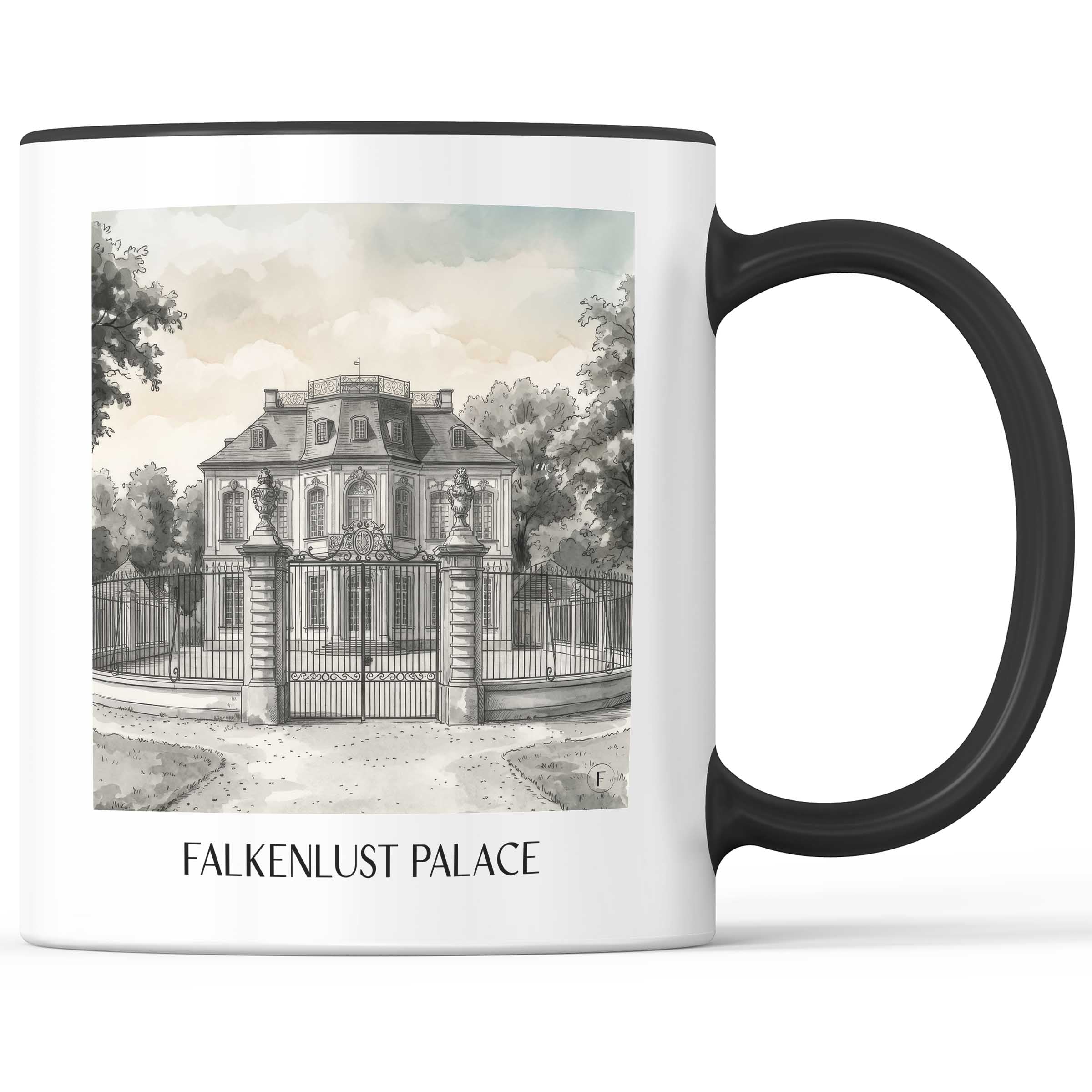 Schloss Falkenlust Kaffeebecher - Brühl - Deutschland Becher - Kaffeetasse im Aquarell Schwarz-Weiß Stil