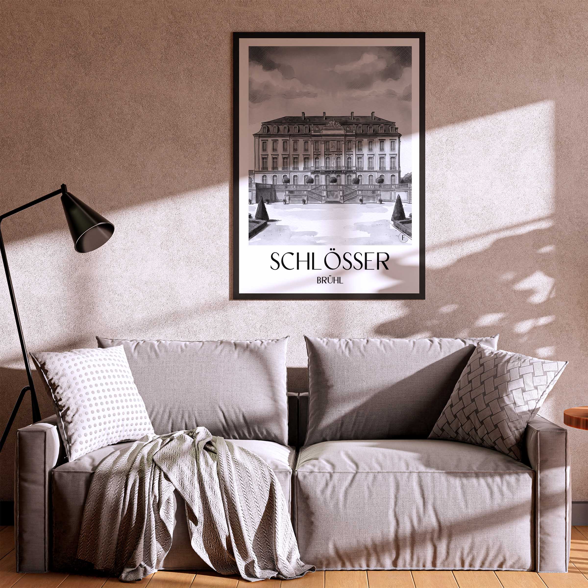 schlösser-brühl-deutschland-poster-aquarell-schwarz-weiss