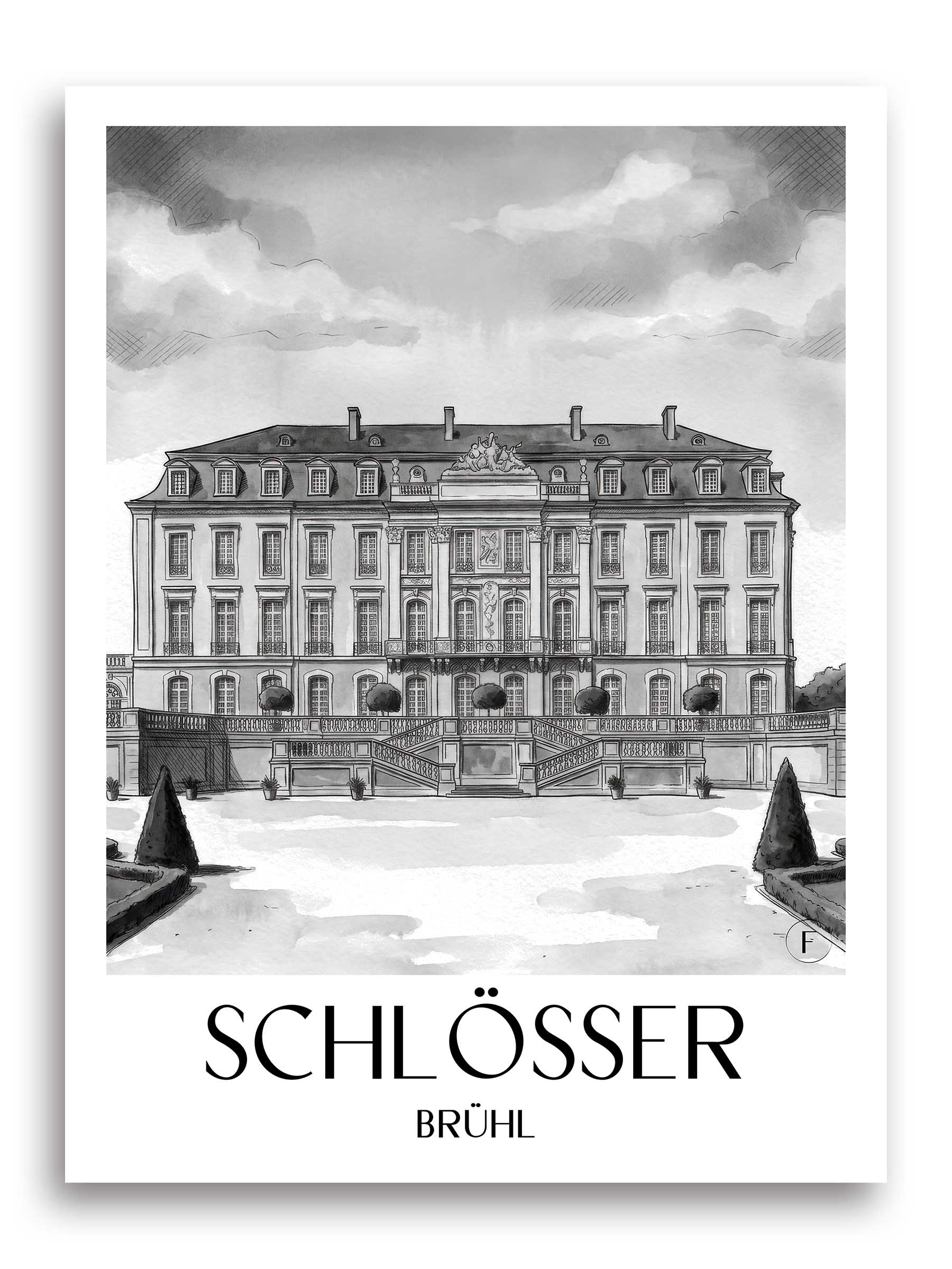 Schlösser Poster - Brühl - Deutschland Kunstdruck - Aquarell Schwarz-Weiß von A4 bis A1