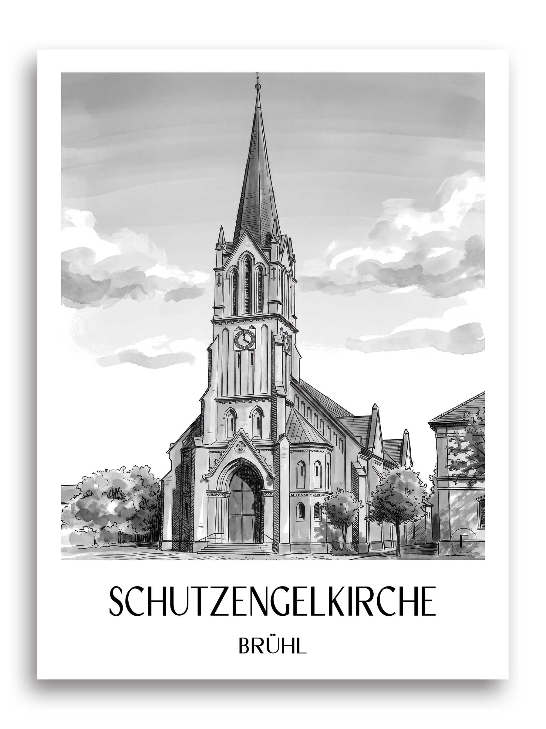 schutzengelkirche-brühl-deutschland-poster-aquarell-schwarz-weiss
