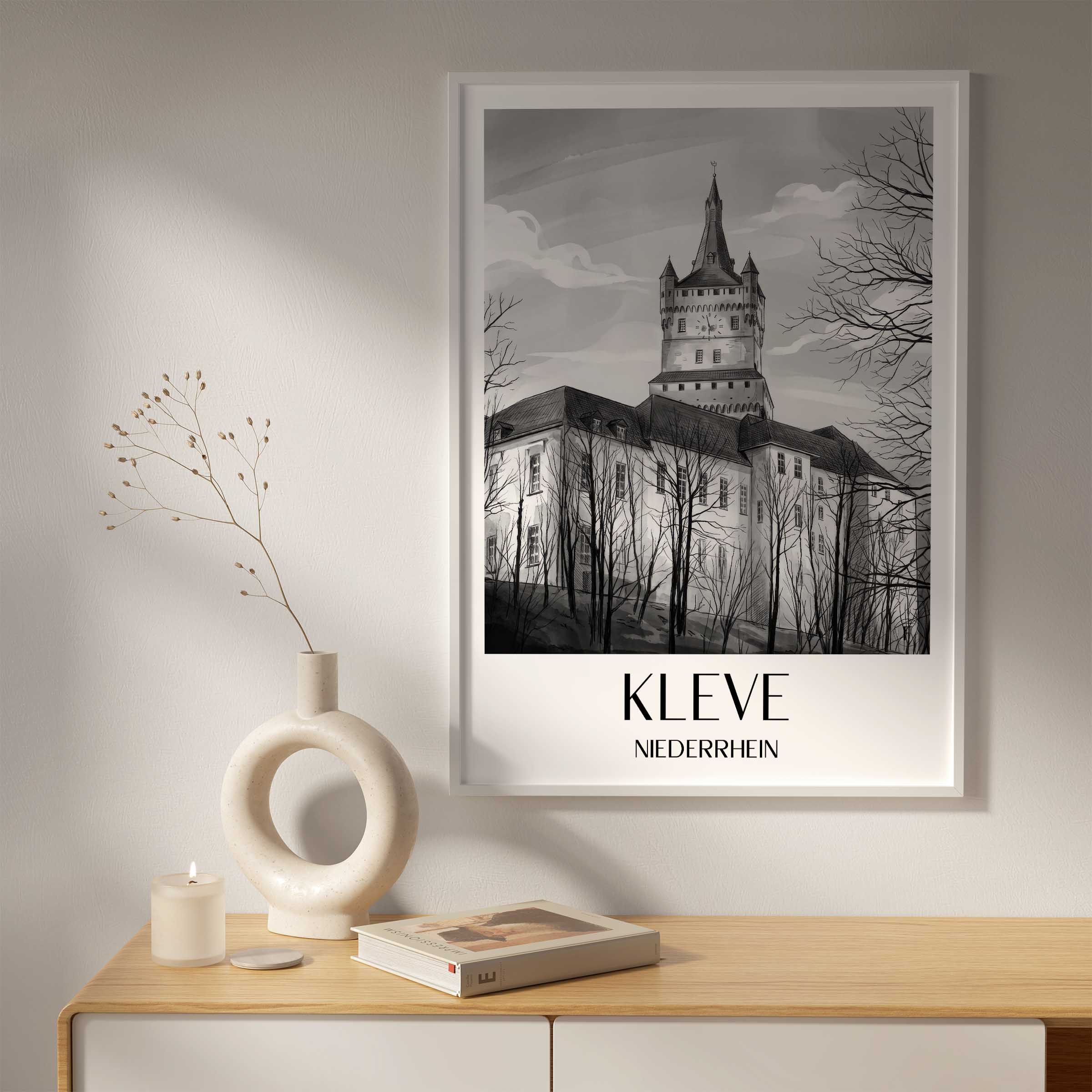 kleve-niederrhein-deutschland-poster-aquarell-schwarz-weiss