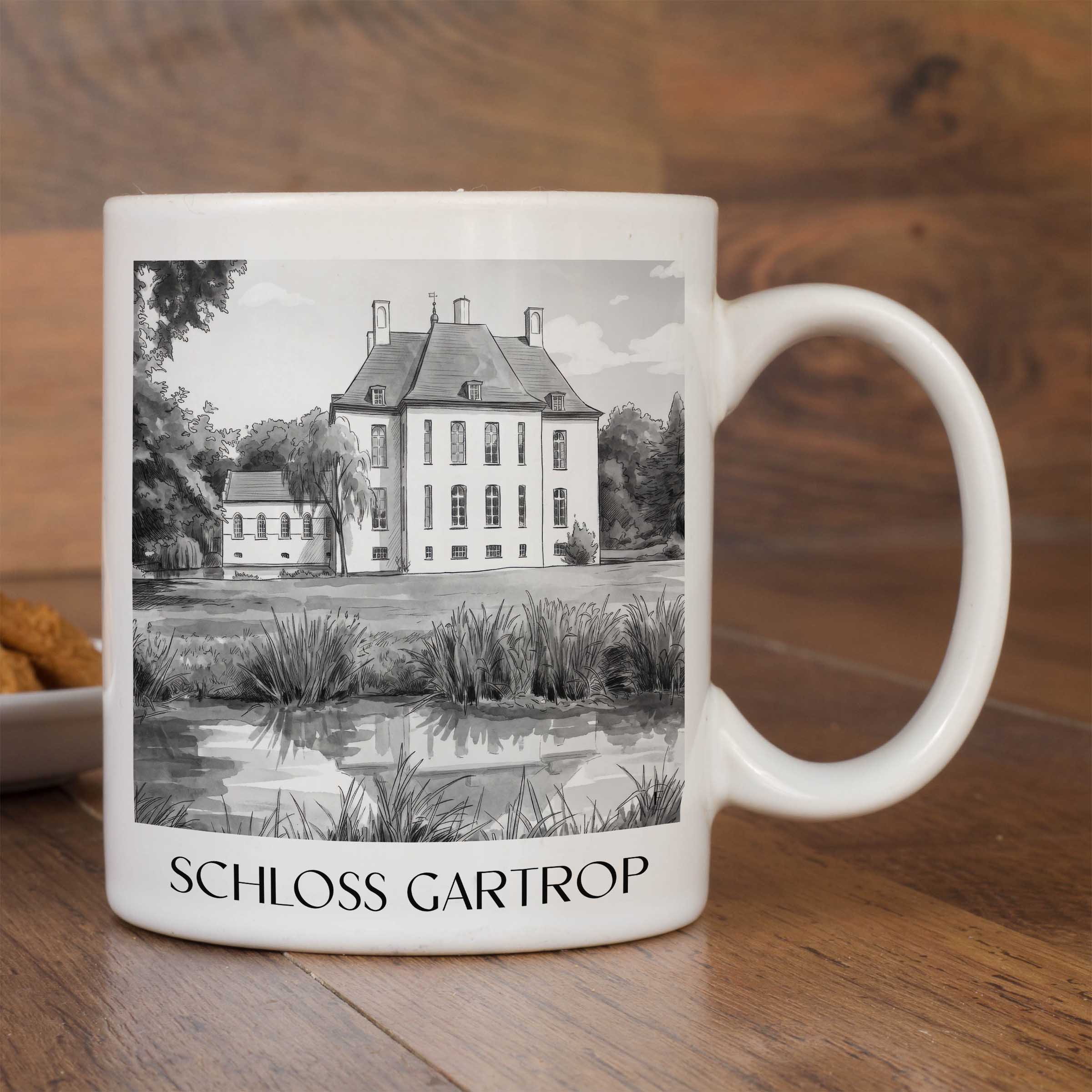 schloss-gartrop-niederrhein-deutschland-kaffeebecher-aquarell-schwarz-weiss