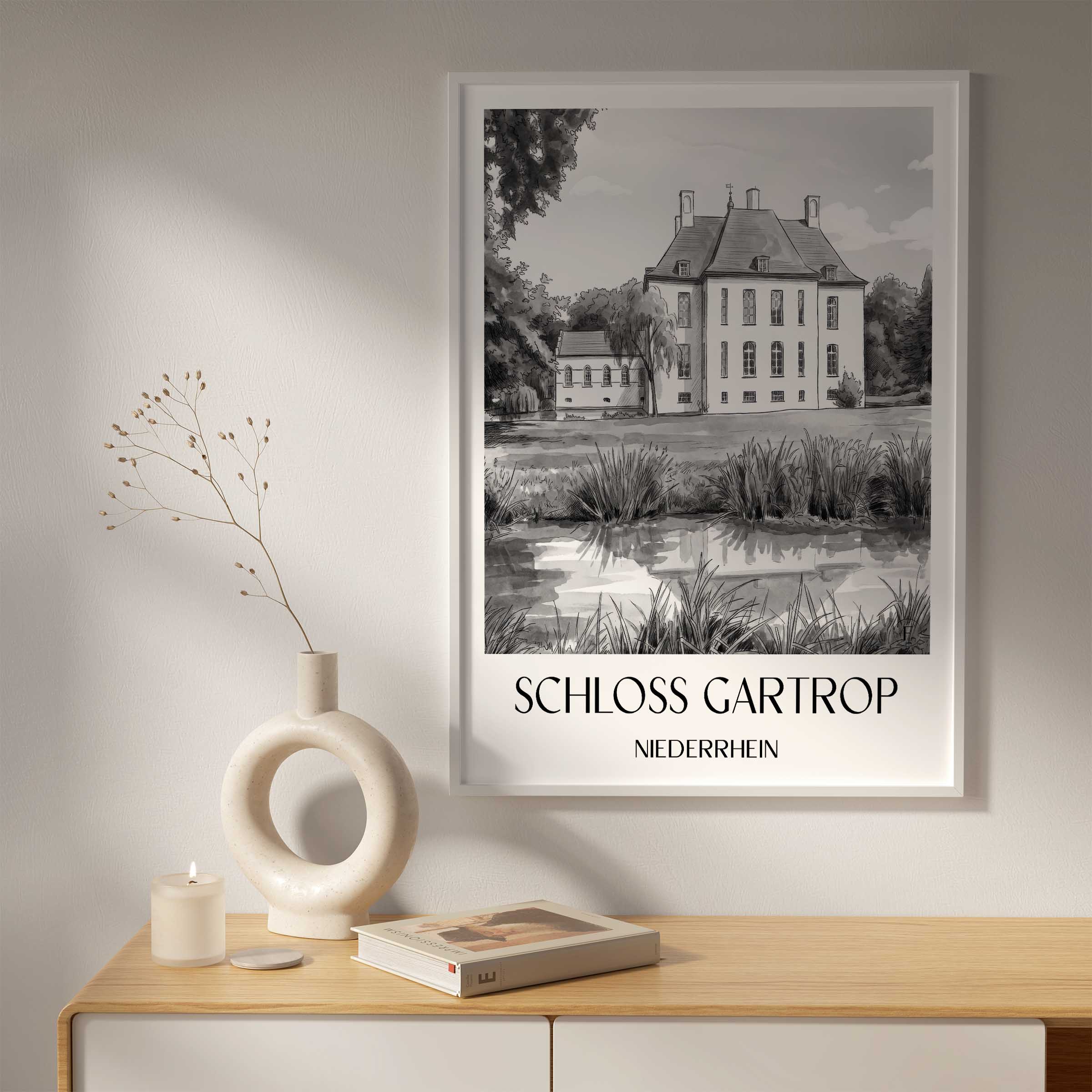 schloss-gartrop-niederrhein-deutschland-poster-aquarell-schwarz-weiss