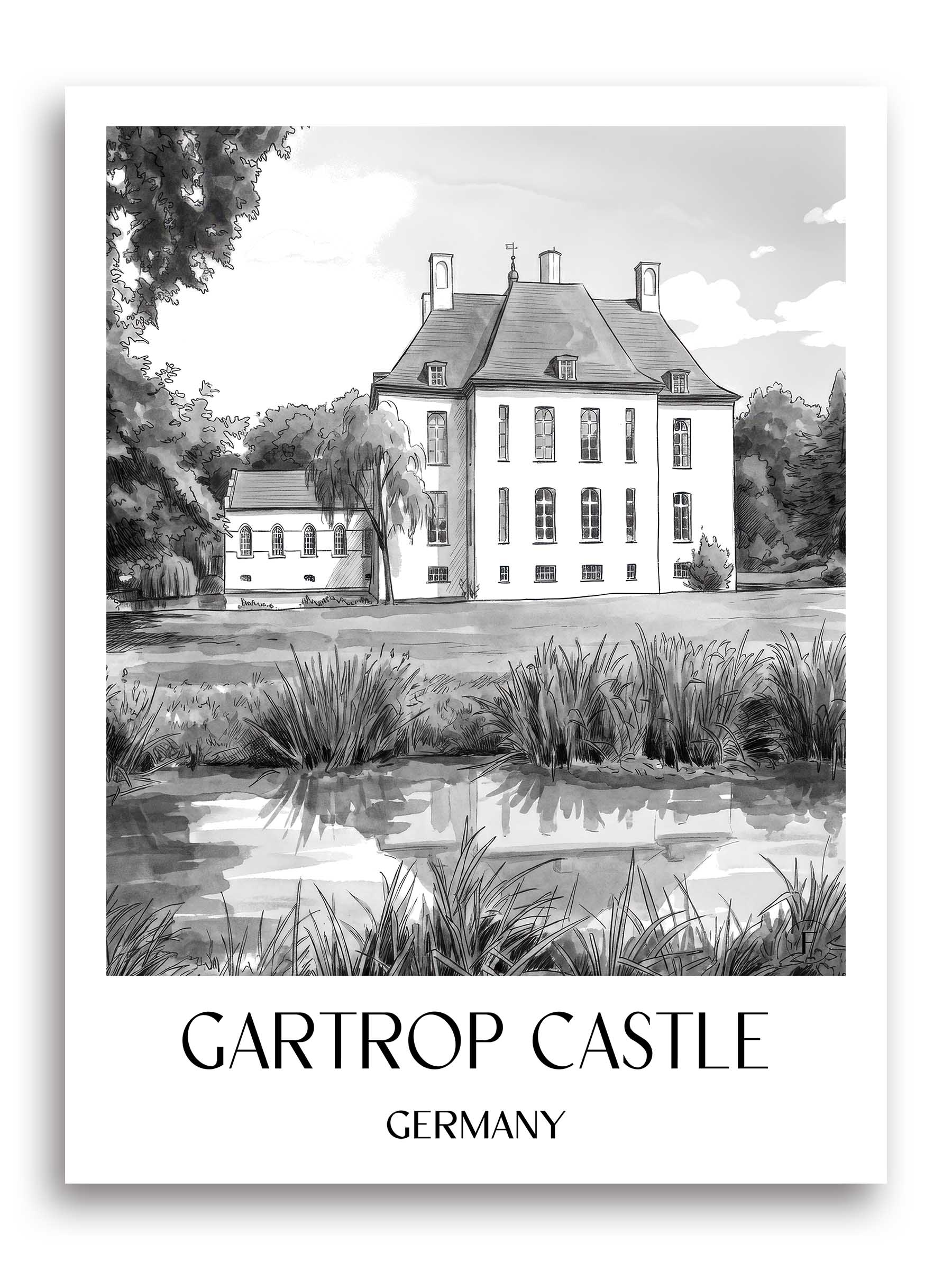 Schloss Gartrop Poster - Niederrhein - Deutschland Kunstdruck - Aquarell Schwarz-Weiß von A4 bis A1