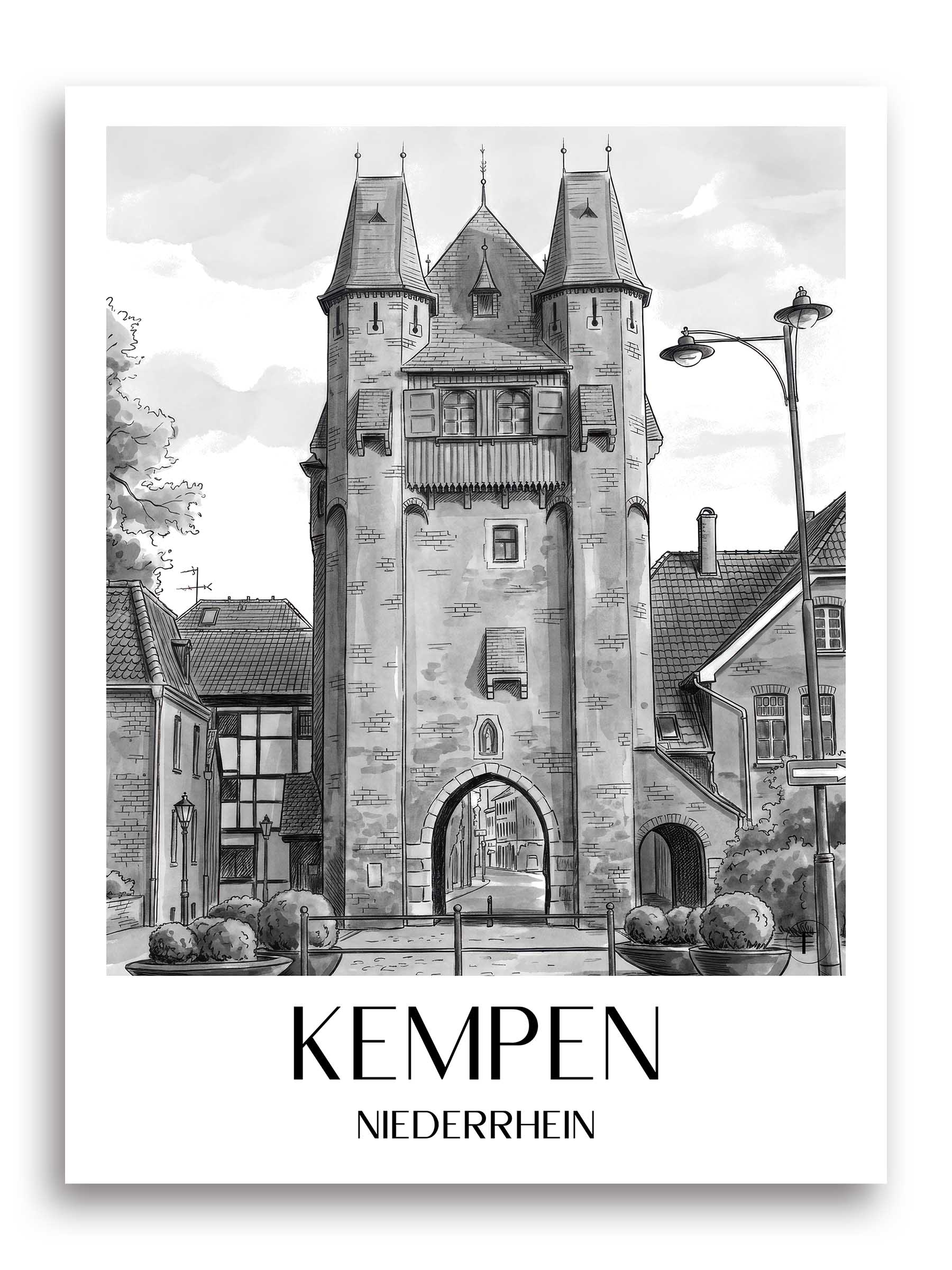 kempen-niederrhein-deutschland-poster-aquarell-schwarz-weiss