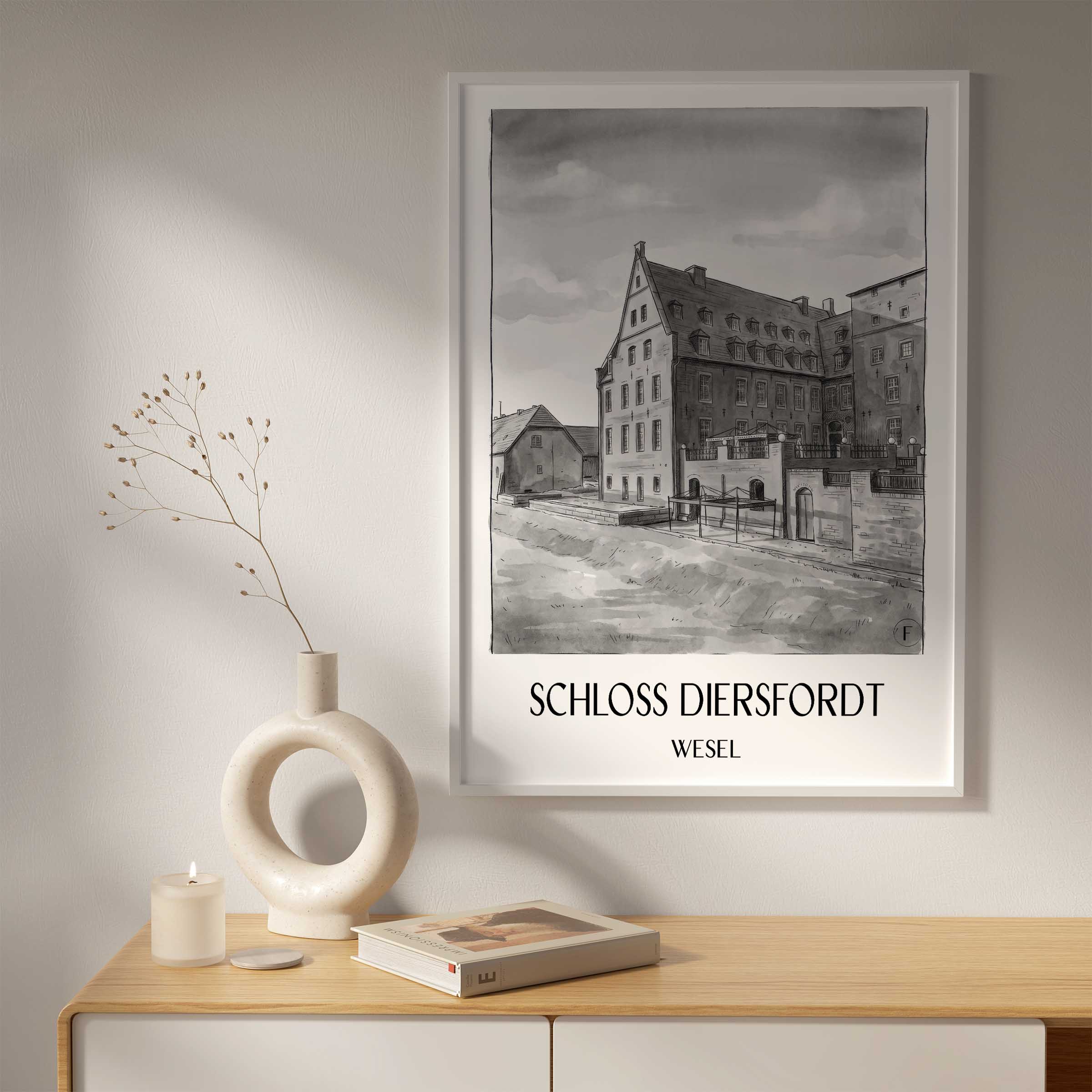 schloss-diersfordt-wesel-deutschland-poster-aquarell-schwarz-weiss