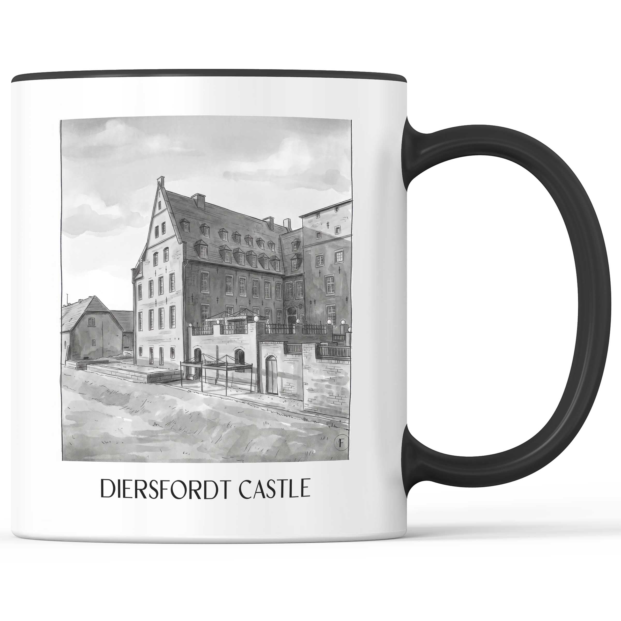 Schloss Diersfordt Kaffeebecher - Wesel - Deutschland Becher - Kaffeetasse im Aquarell Schwarz-Weiß Stil