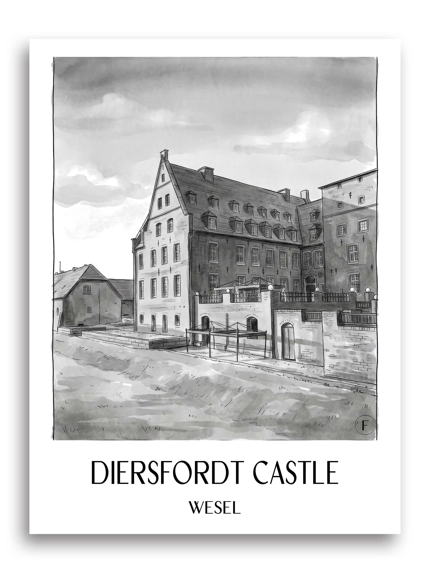 Schloss Diersfordt Poster - Wesel - Deutschland Kunstdruck - Aquarell Schwarz-Weiß von A4 bis A1