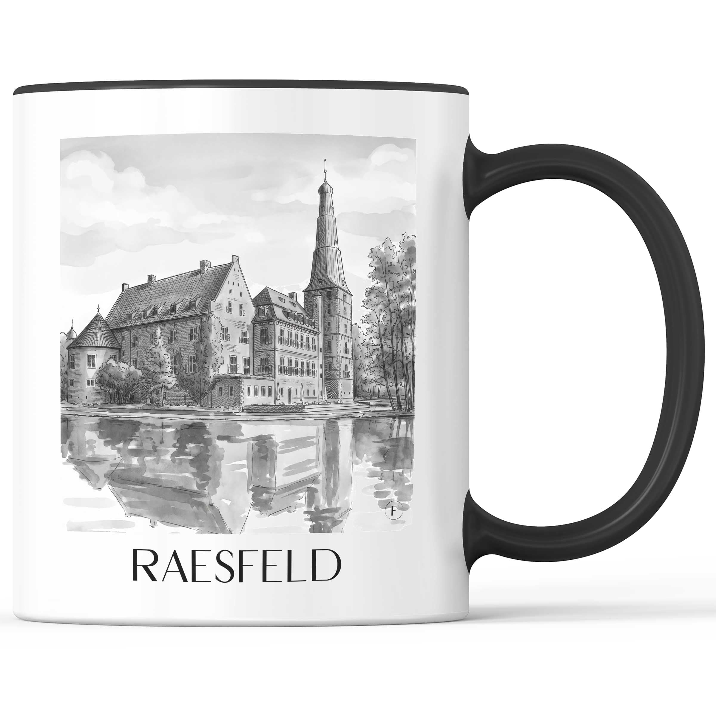 Raesfeld Kaffeebecher - Niederrhein - Deutschland Becher - Kaffeetasse im Aquarell Schwarz-Weiß Stil