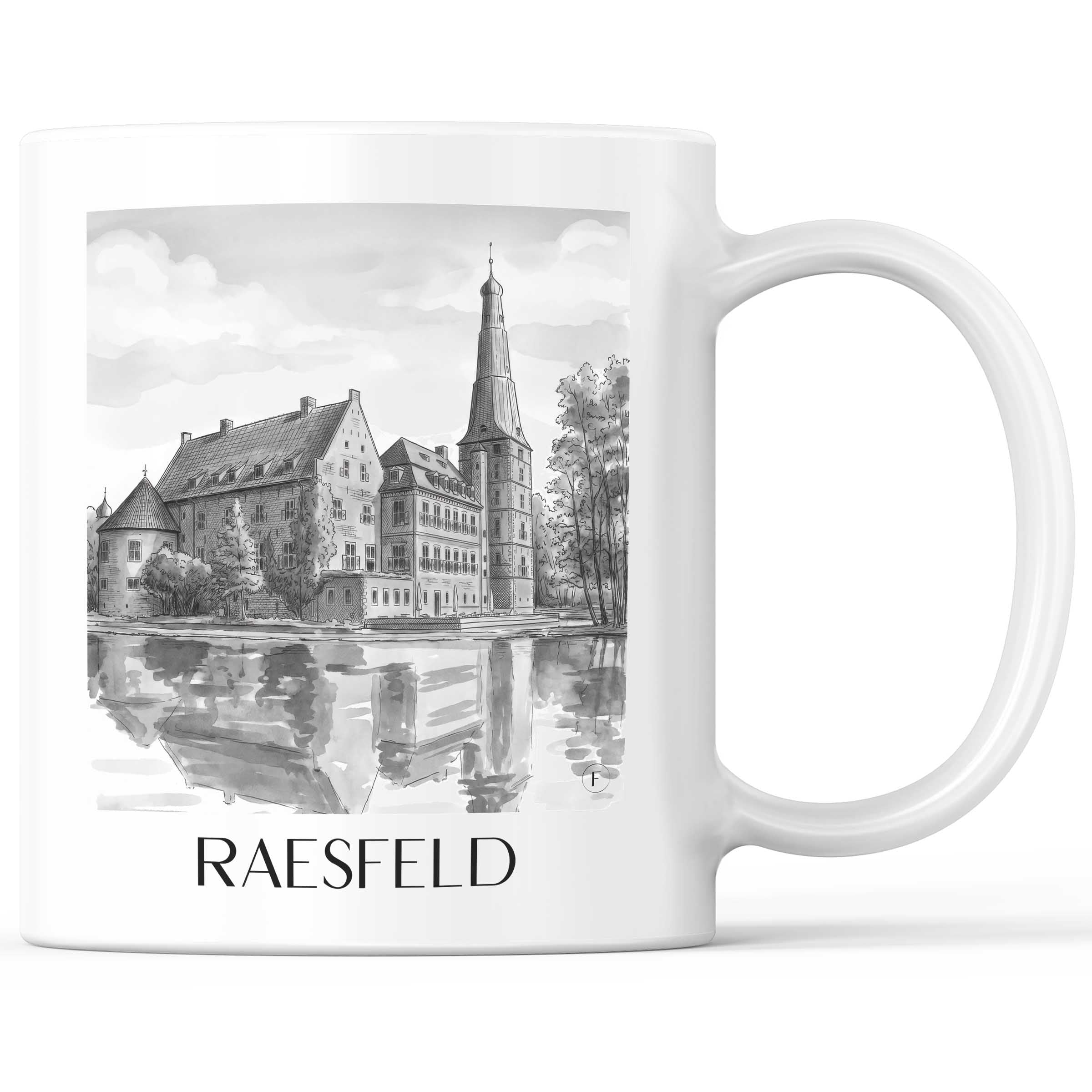 Raesfeld Kaffeebecher - Niederrhein - Deutschland Becher - Kaffeetasse im Aquarell Schwarz-Weiß Stil