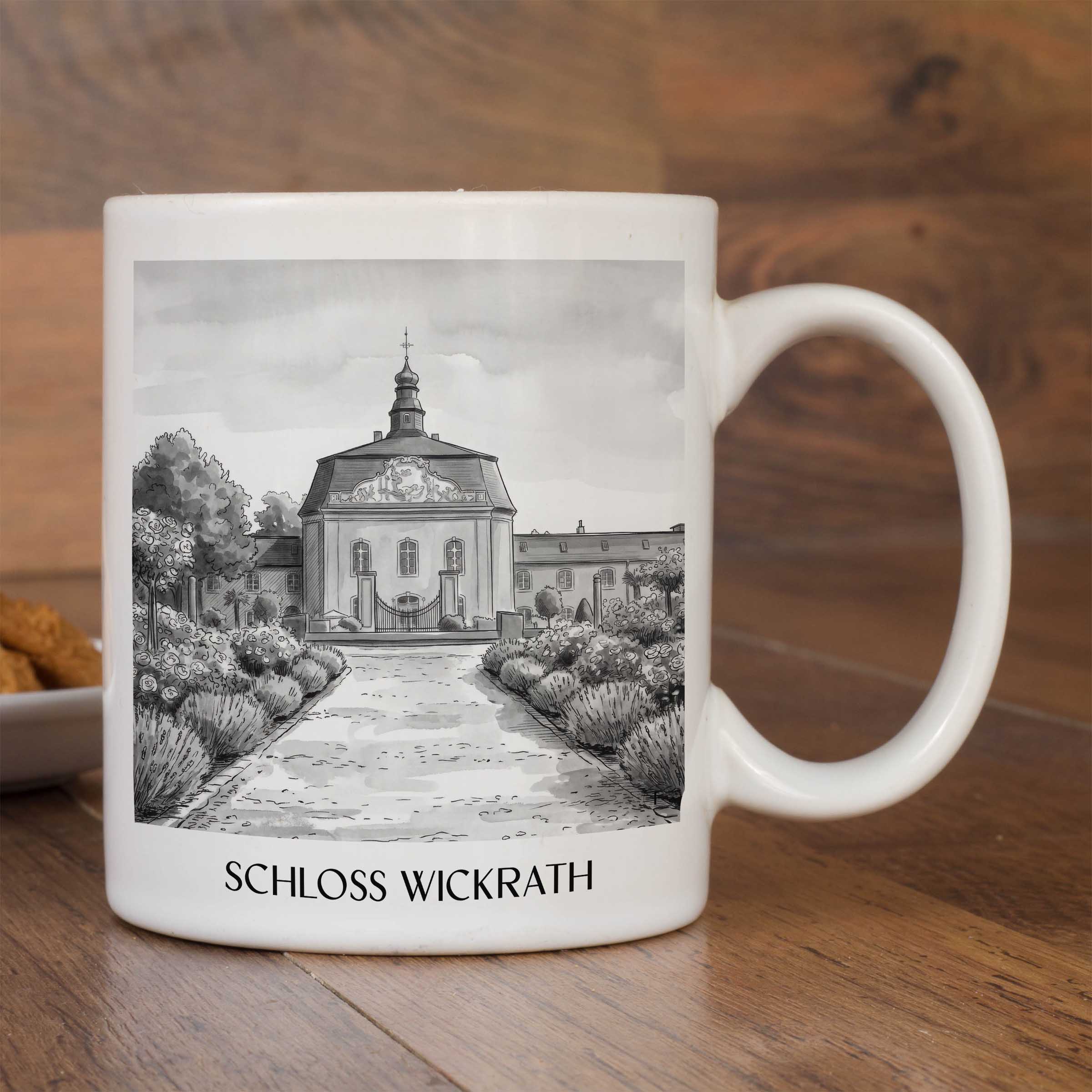 schloss-wickrath-möchengladbach-deutschland-kaffeebecher-aquarell-schwarz-weiss