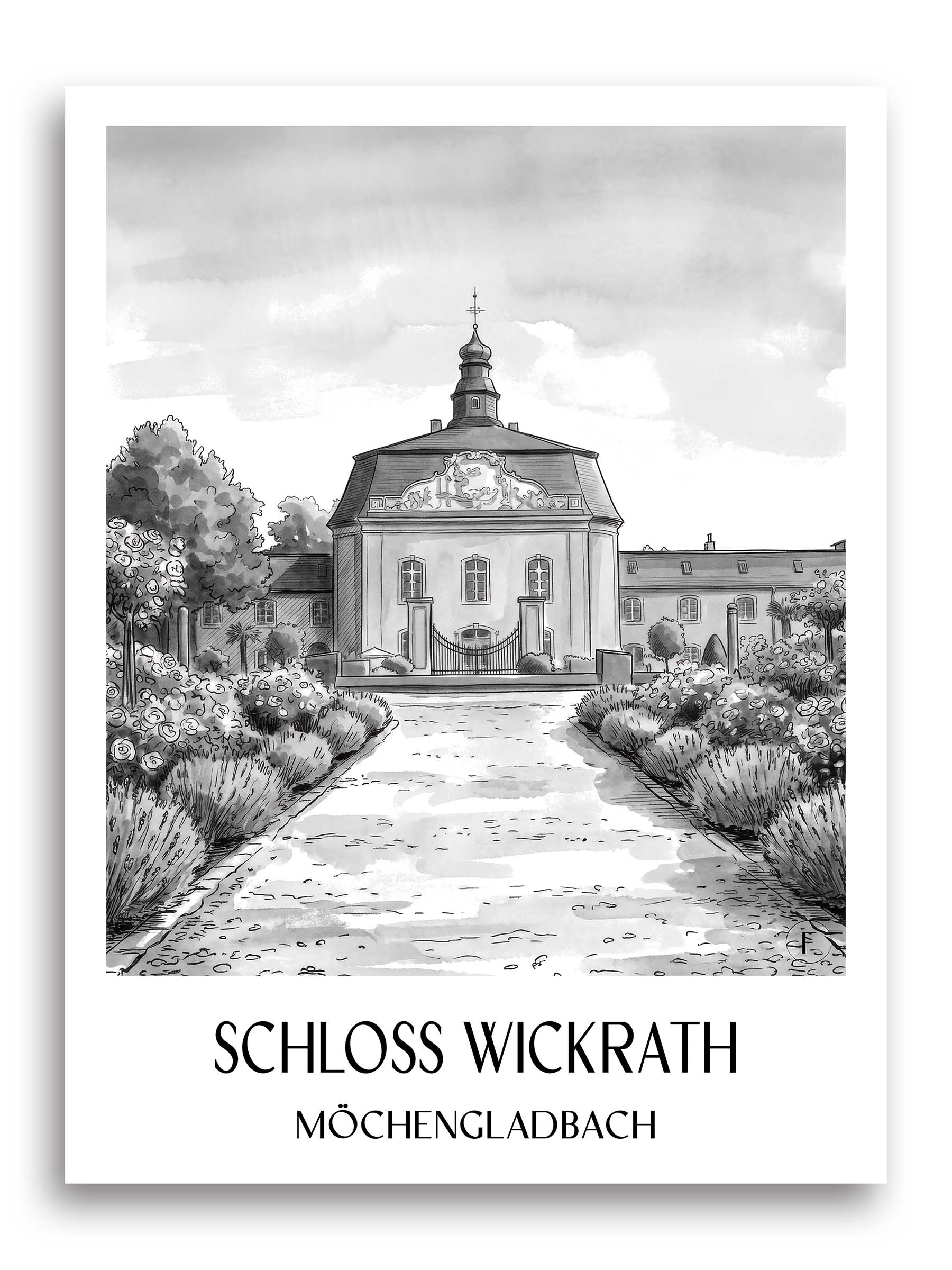 schloss-wickrath-möchengladbach-deutschland-poster-aquarell-schwarz-weiss