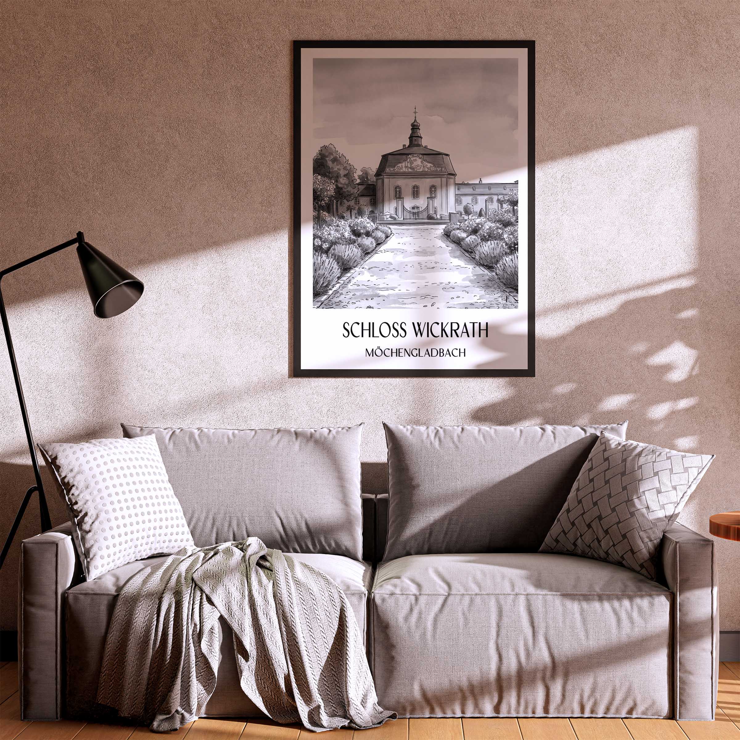 schloss-wickrath-möchengladbach-deutschland-poster-aquarell-schwarz-weiss